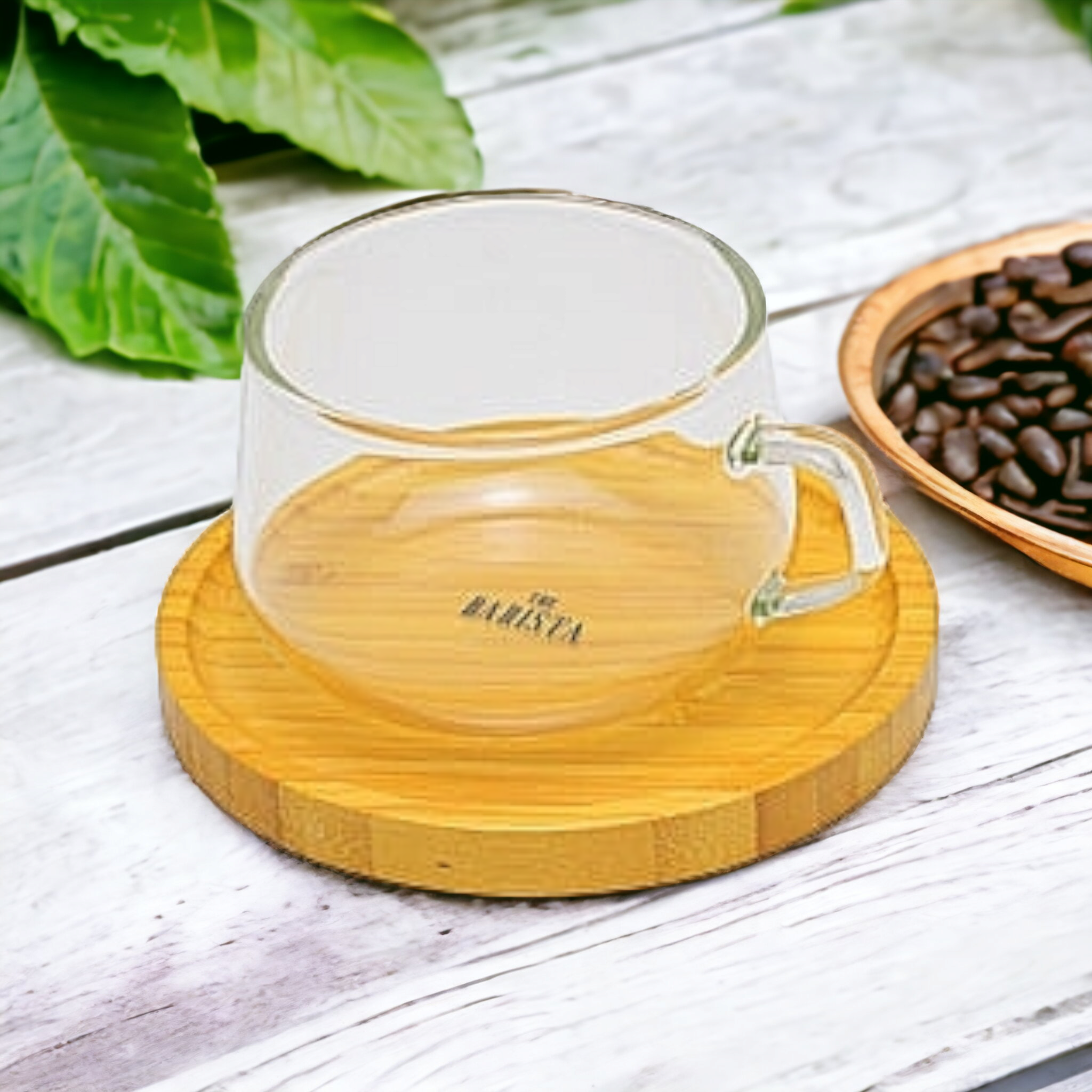 Barista 230ml Borosilicate Café Tea Coffee Cup & Bamboo Saucer 11405
