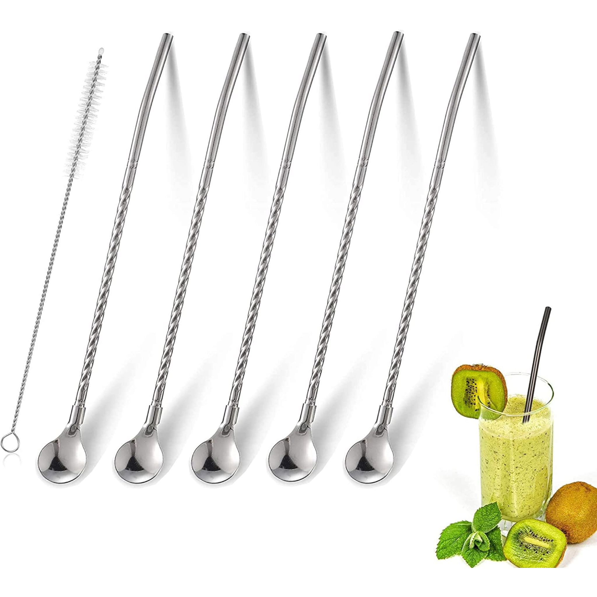 Spiral Soda Straw Spoons Stainless Steel with Brush 22.5cm 7pc Set