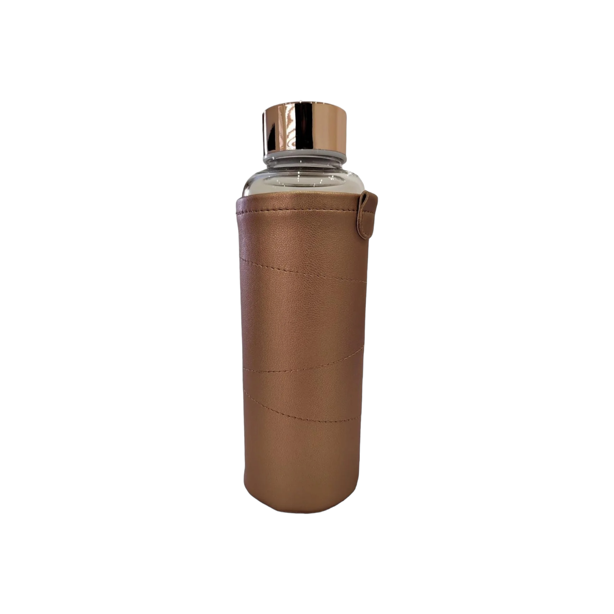 Glass Drinking Bottle Flask 500ml Rose Gold Lid and Leatherette Sleeve 27141