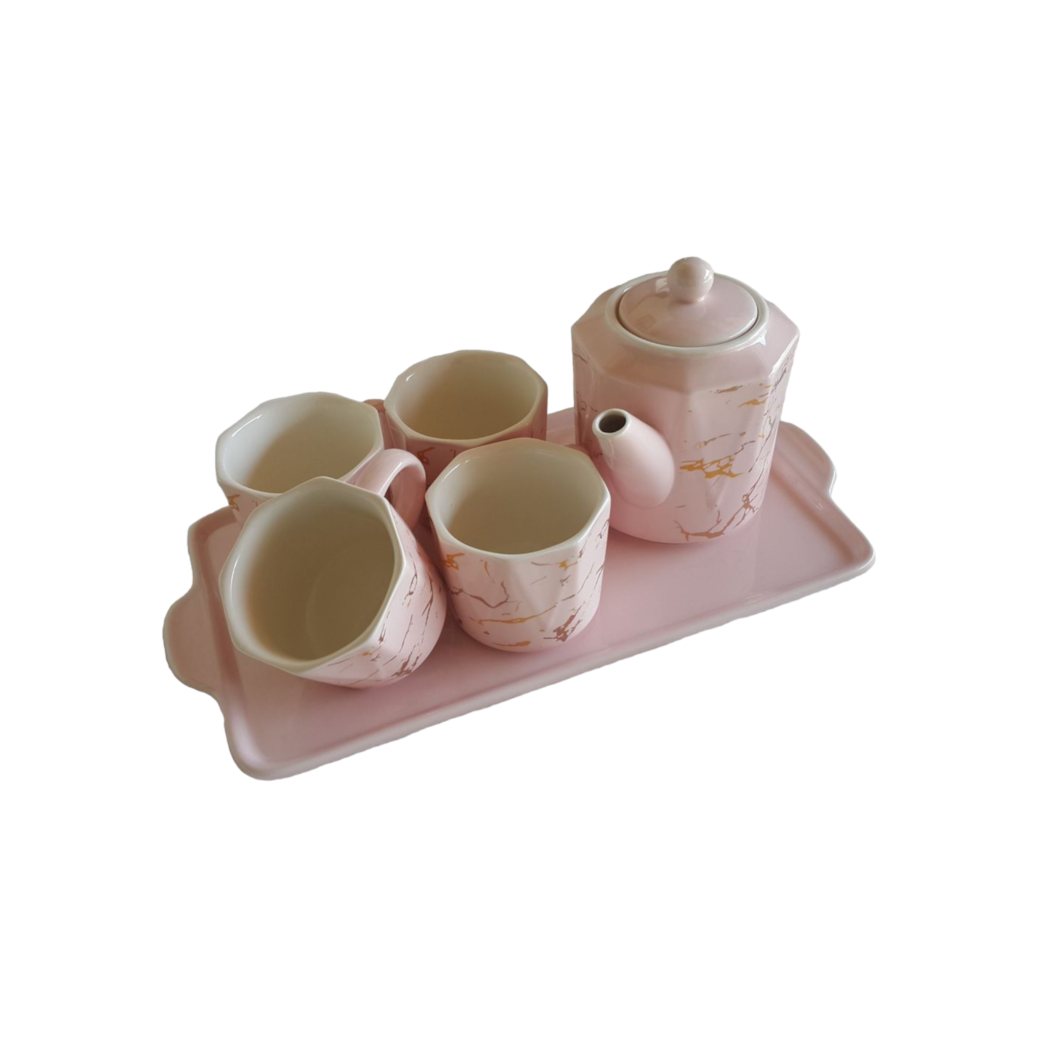 Ceramic Teapot Set and Cups Pink with Gold Marble 7pcs