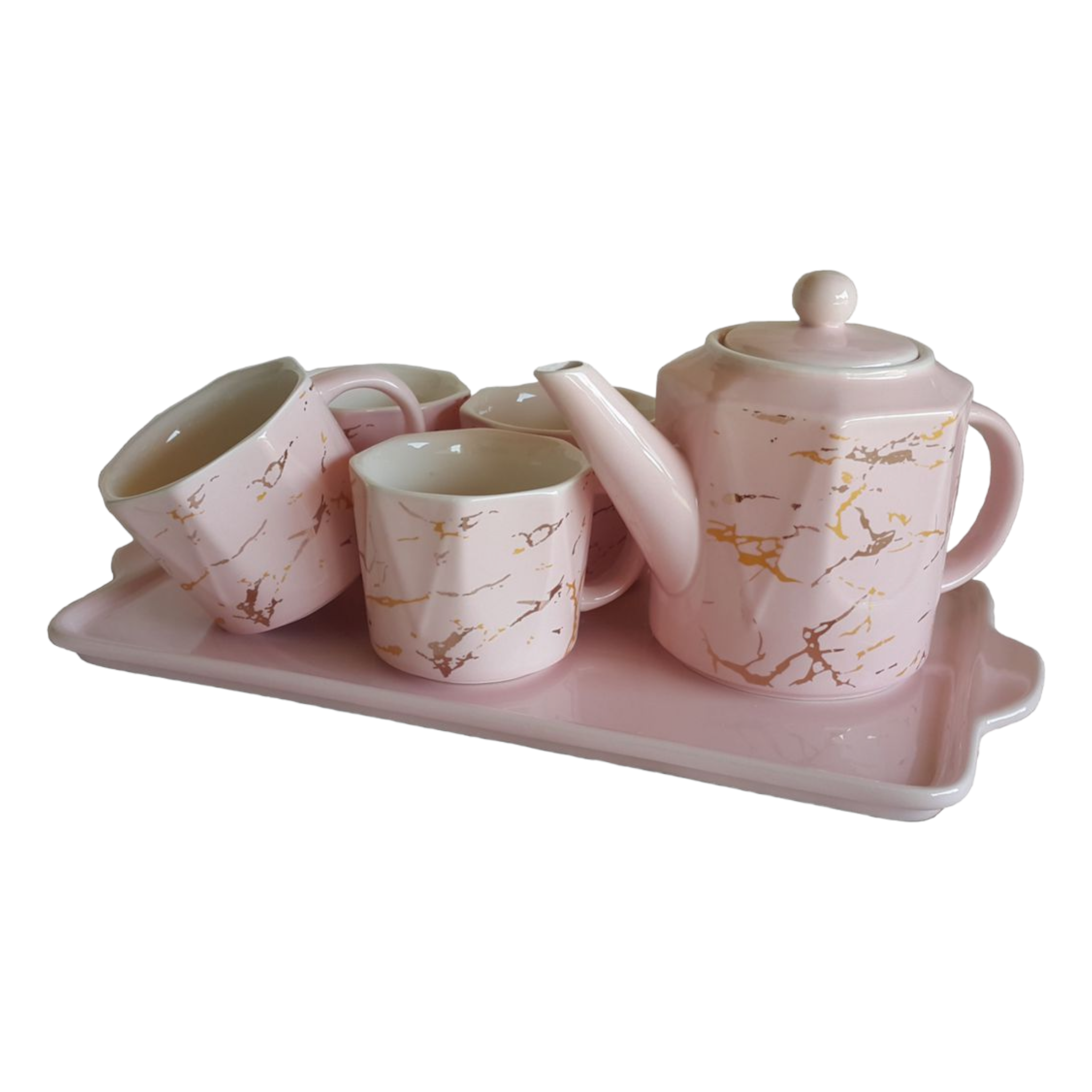 Ceramic Teapot Set and Cups Pink with Gold Marble 7pcs