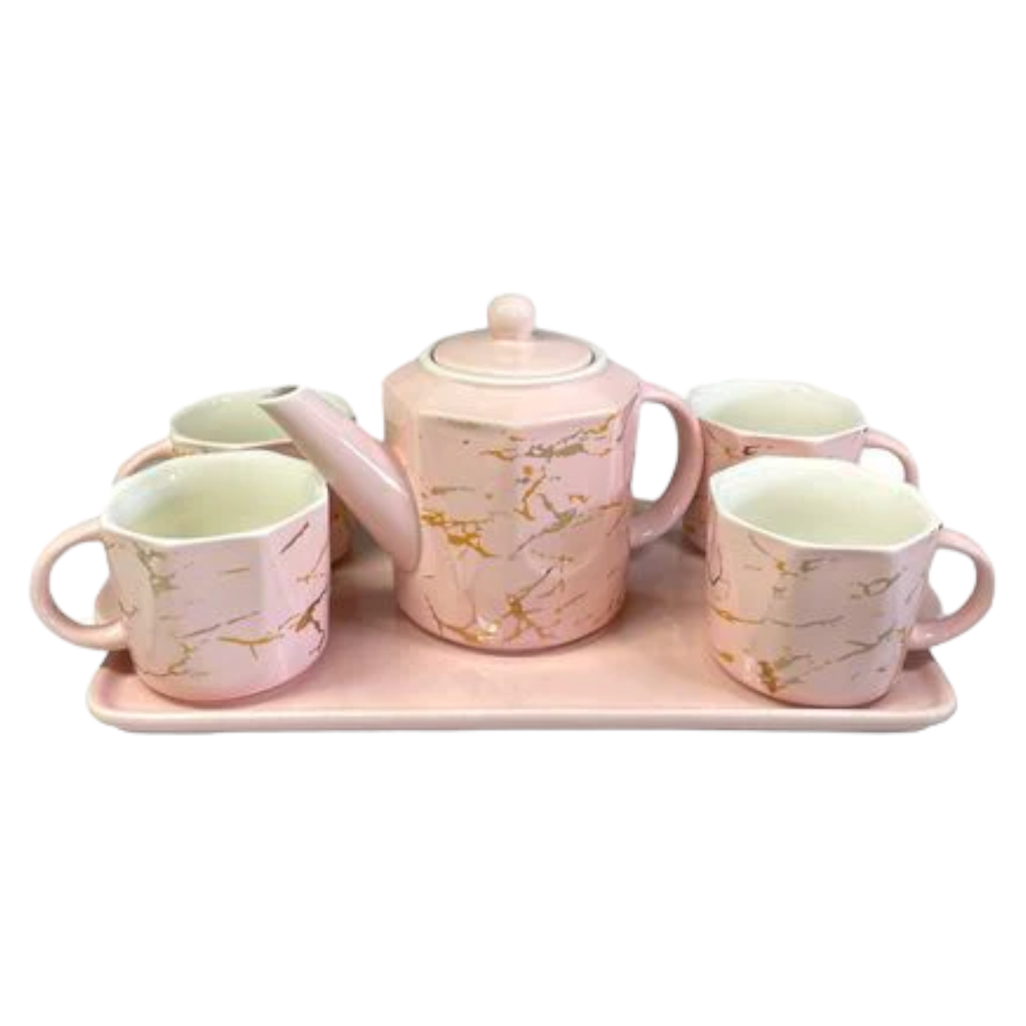 Ceramic Teapot Set and Cups Pink with Gold Marble 7pcs