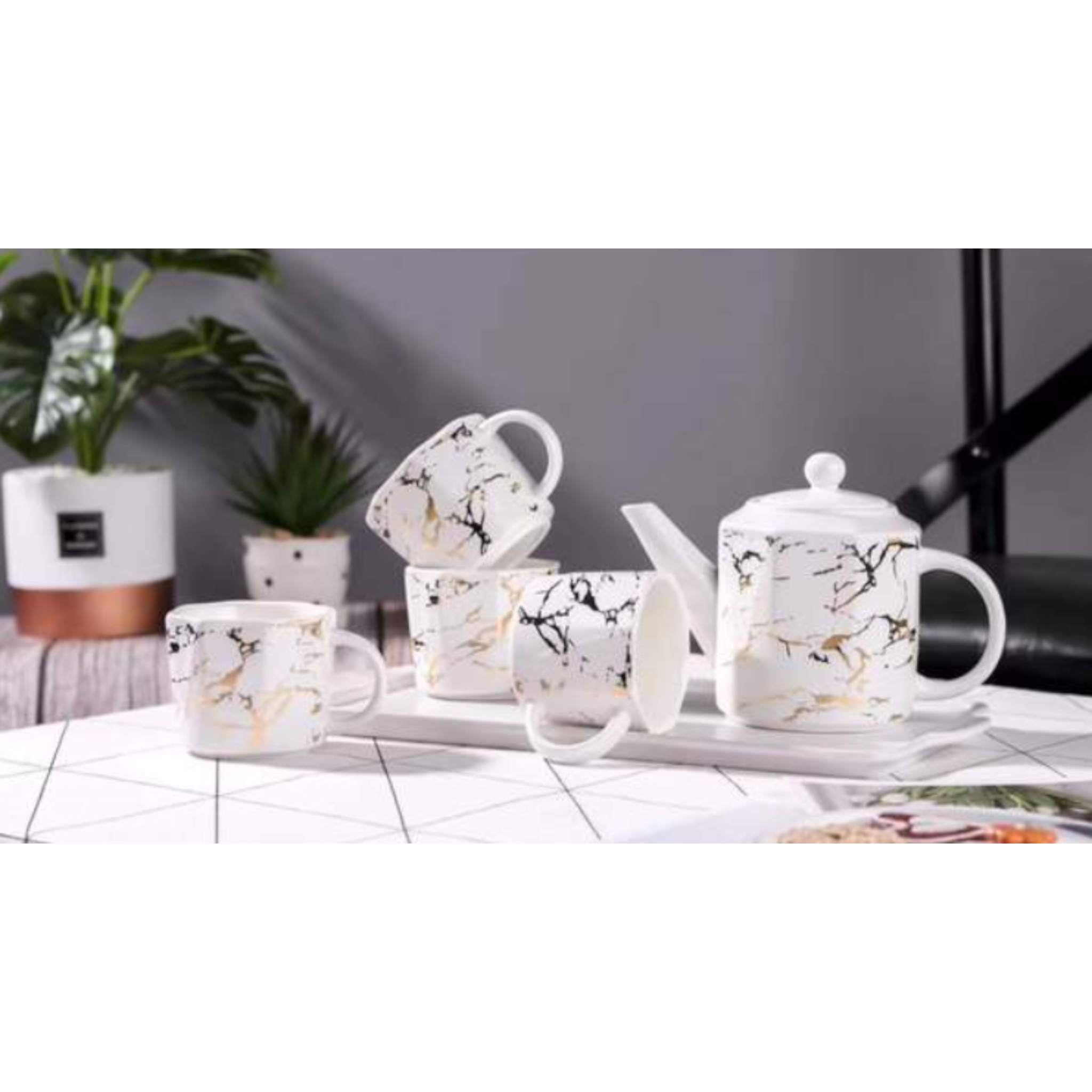 Ceramic Teapot Set and Cups Pink with Gold Marble 7pcs