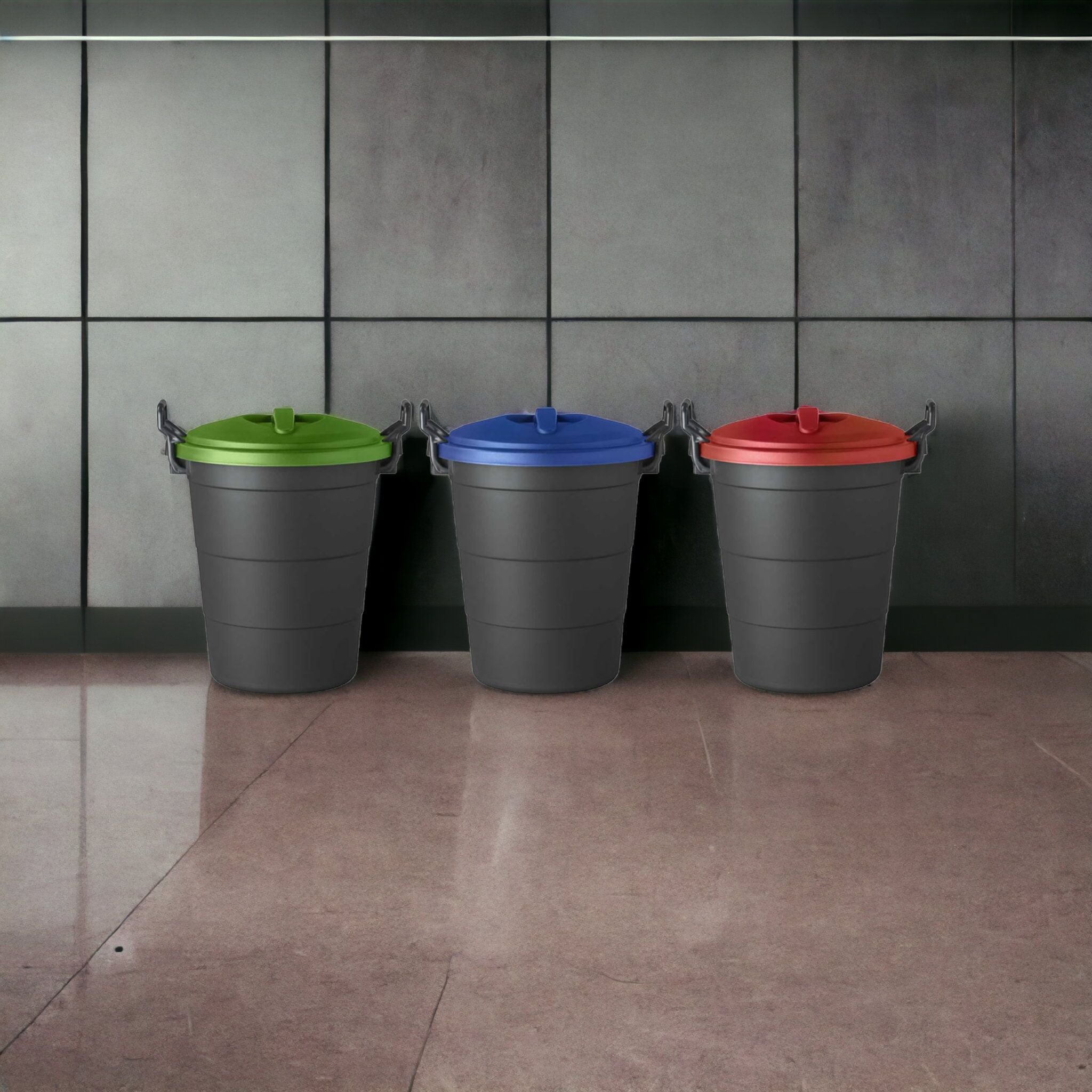 70L Refuse Dustbin Assorted 3pc Set with Lid Buzz