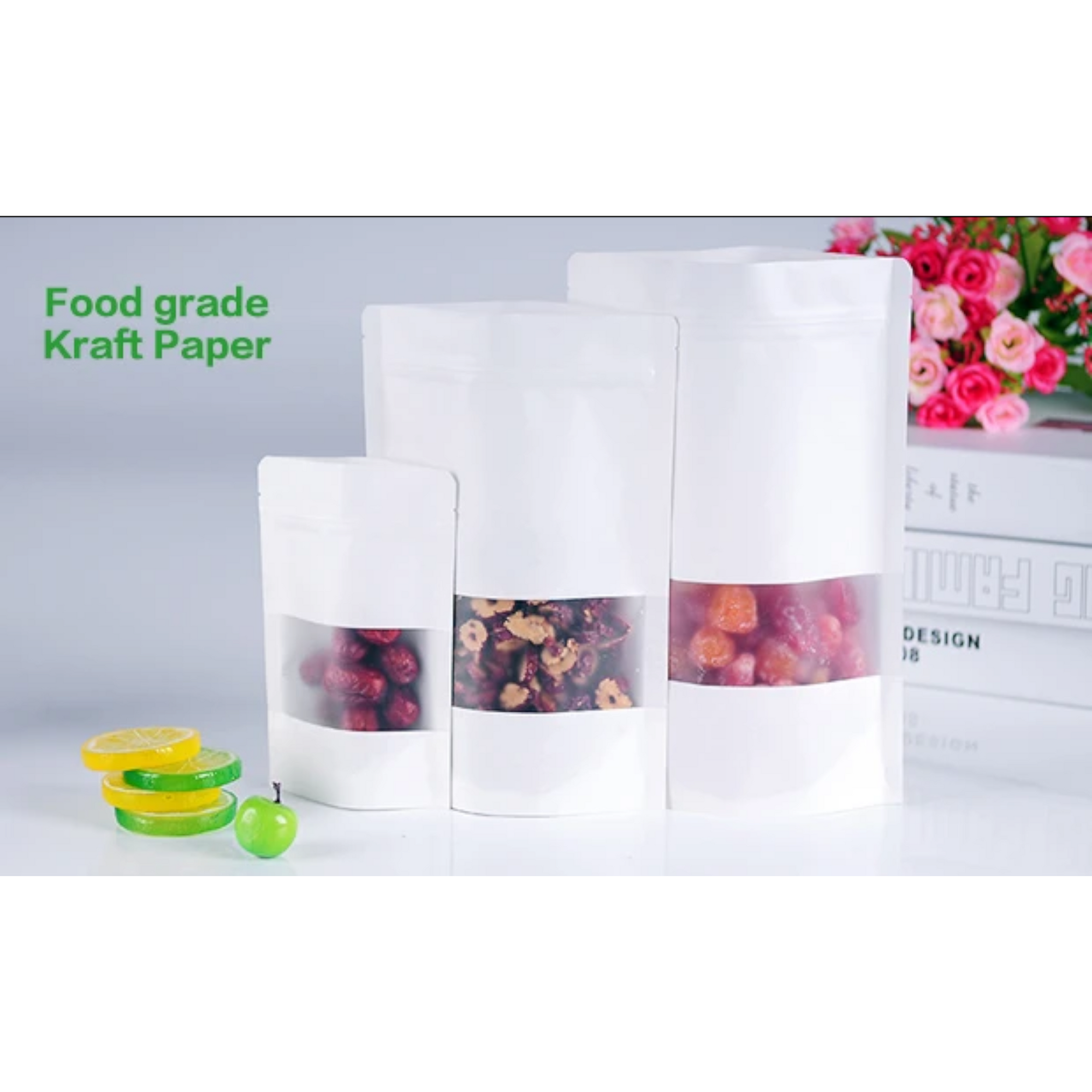Kraft Pouch Bag Zip Lock Resealable Stand Bag with Window White 280mic