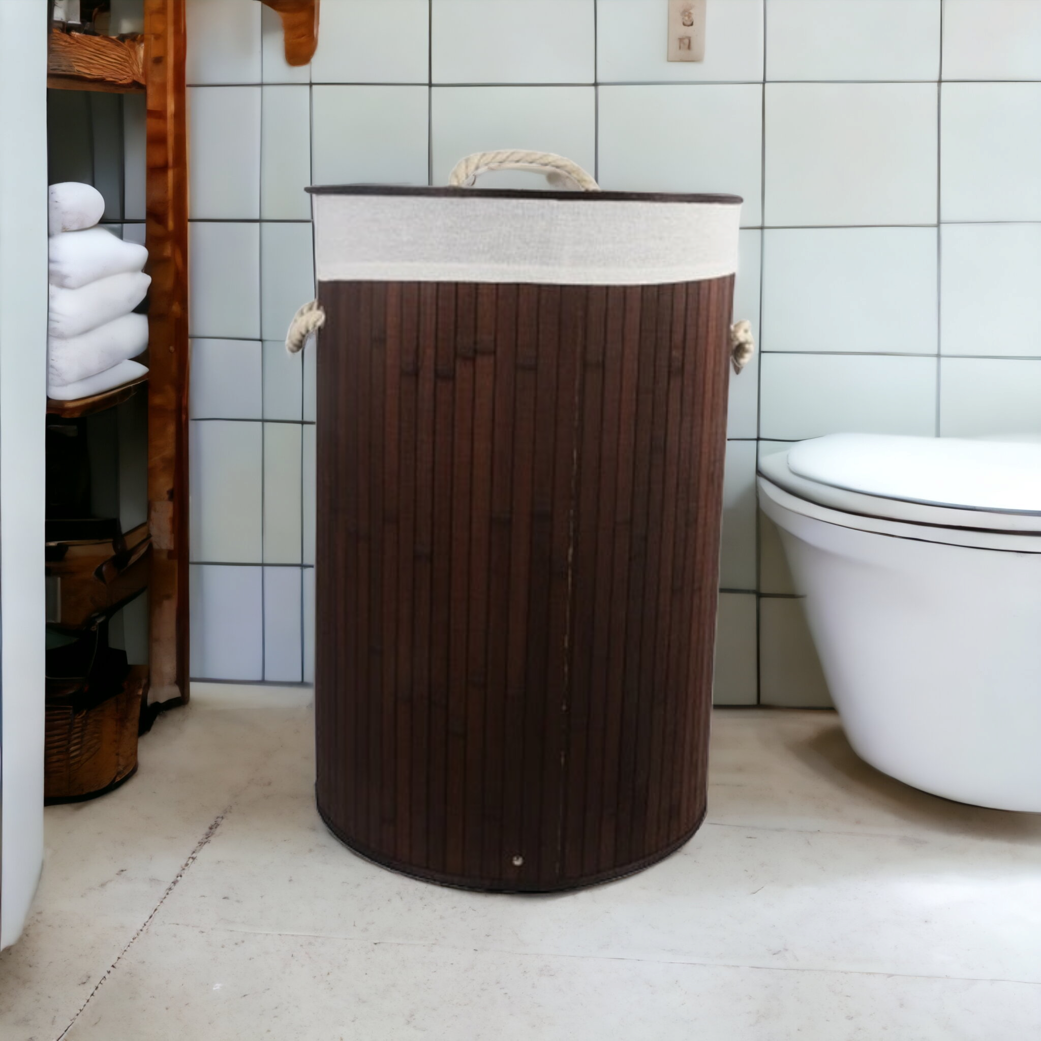 Aqua Bamboo Foldable Laundry Basket Round Brown 15606