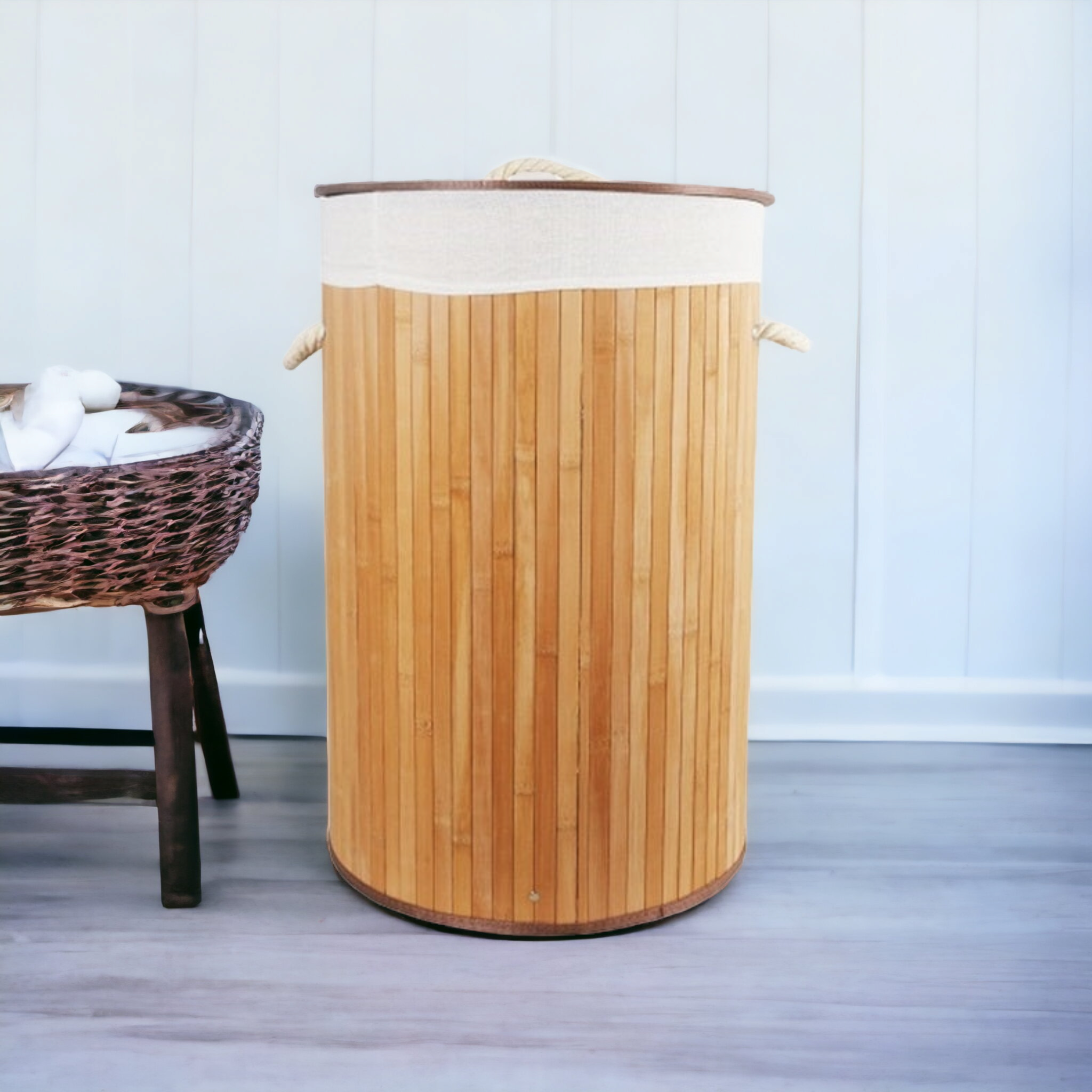 Aqua Bamboo Foldable Laundry Basket Round Natural 15607