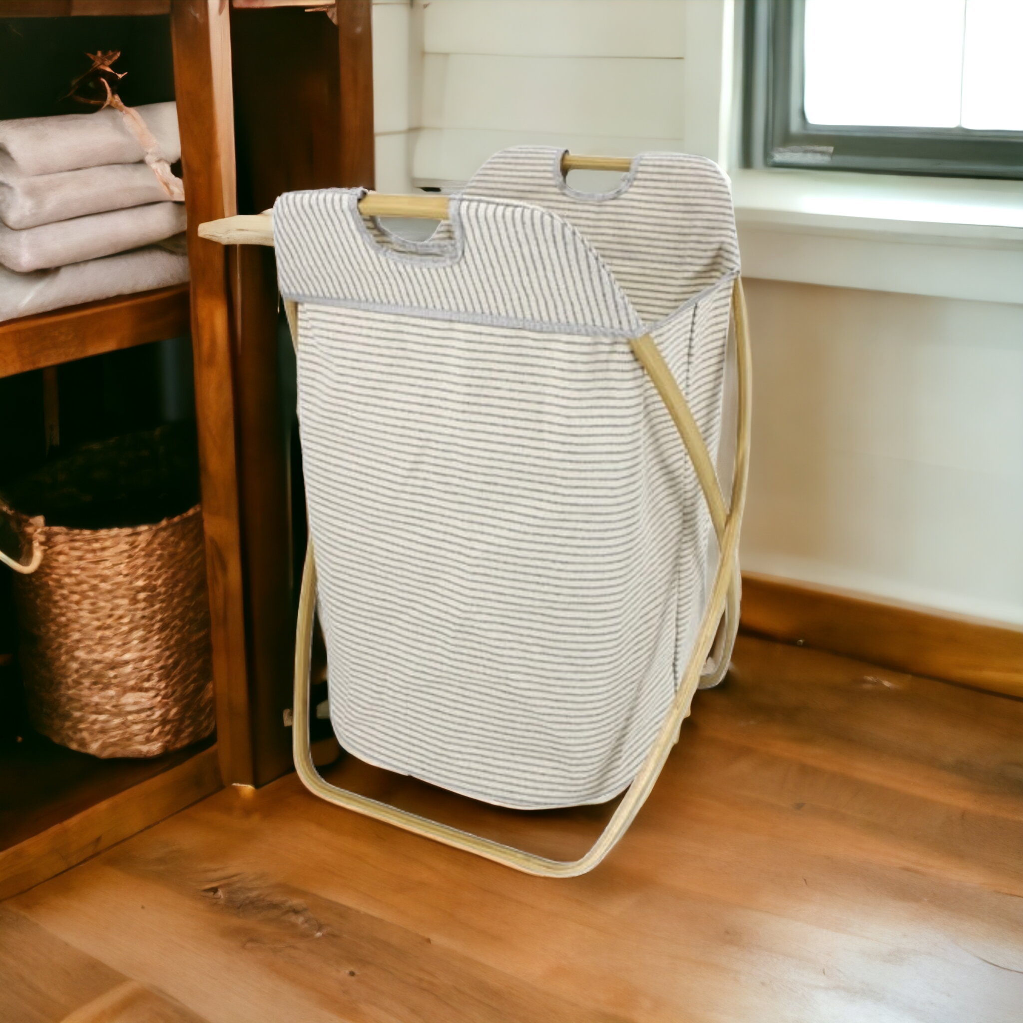 Fabric Laundry Bin Foldable Basket Square Beige Bamboo Legs 71x45x30cm 24100