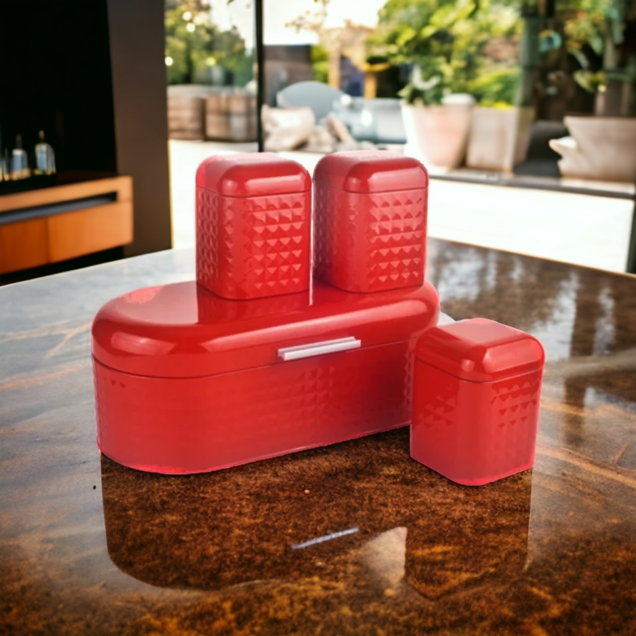 Bread Bin with 3pcs Canister Diamond Design Red