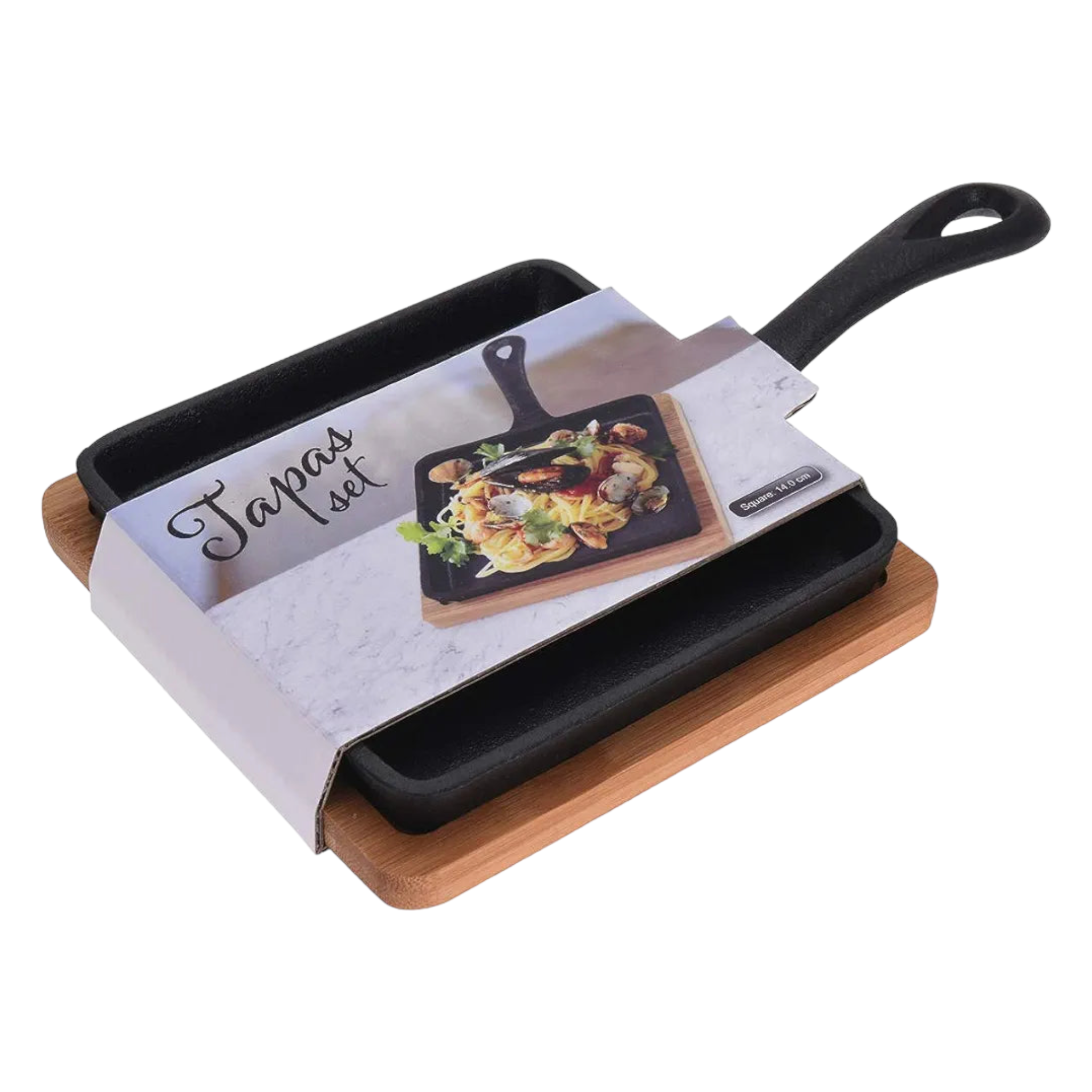 Tapas Cast Iron Pan Square Dish 24.5x15.5x5cm with Wooden Board 13157