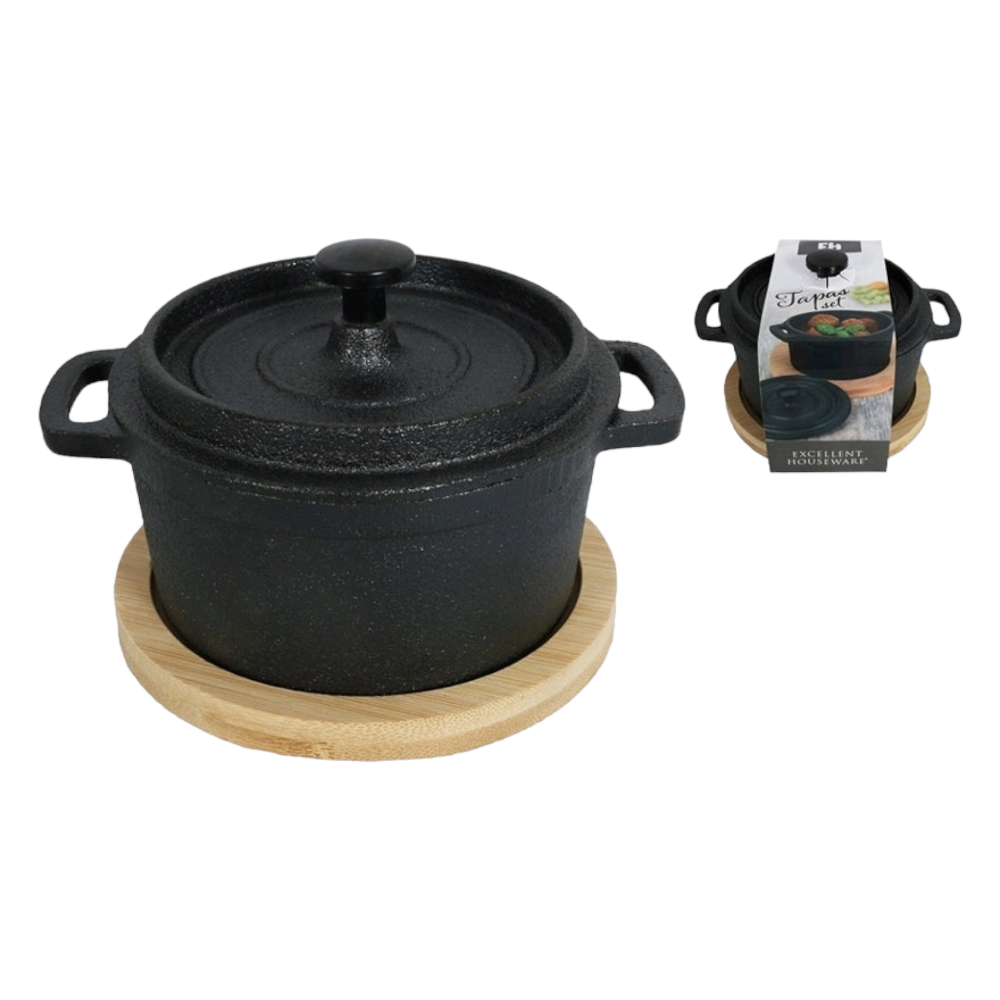 EH Mini Tapas Cast Iron Pot with Lid 200ml with Wooden Board 13156