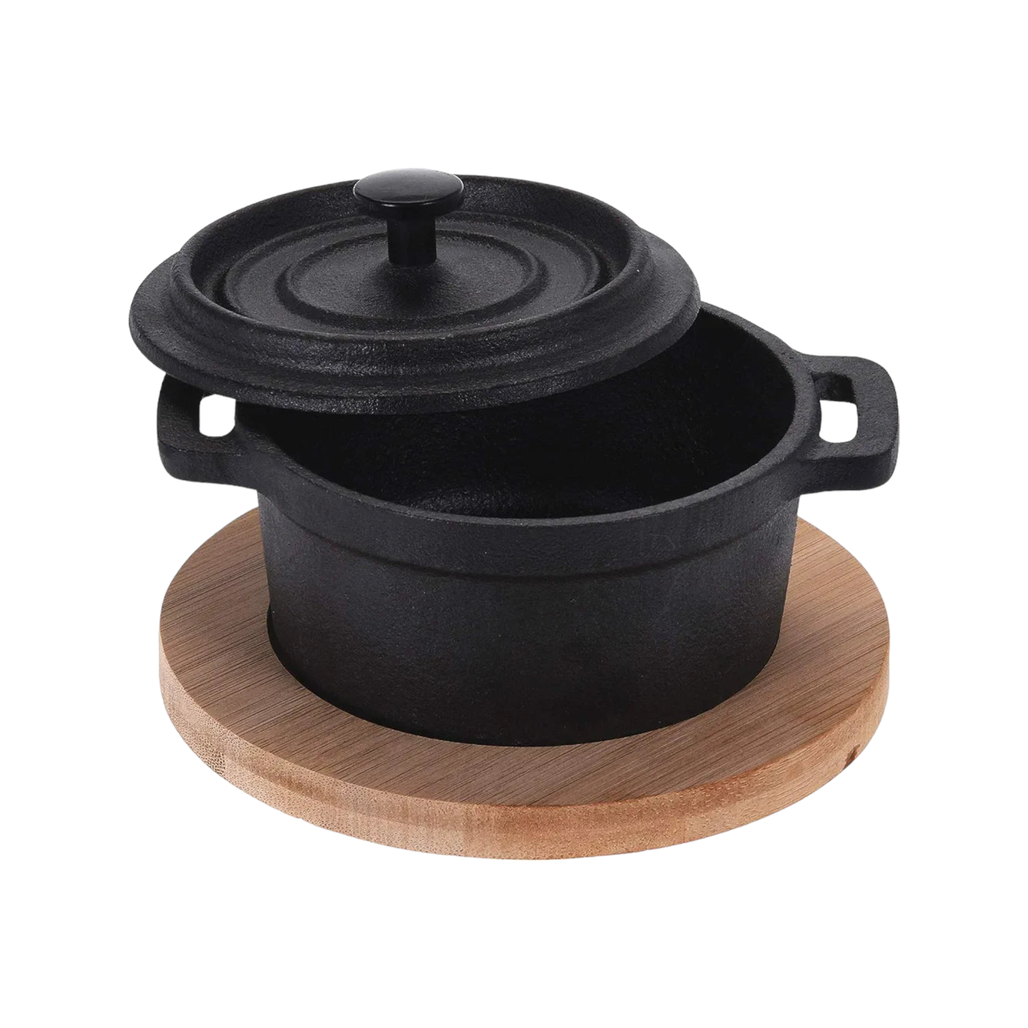 Tapas Cast Iron Pot with Lid 200ml with Wooden Board 13156