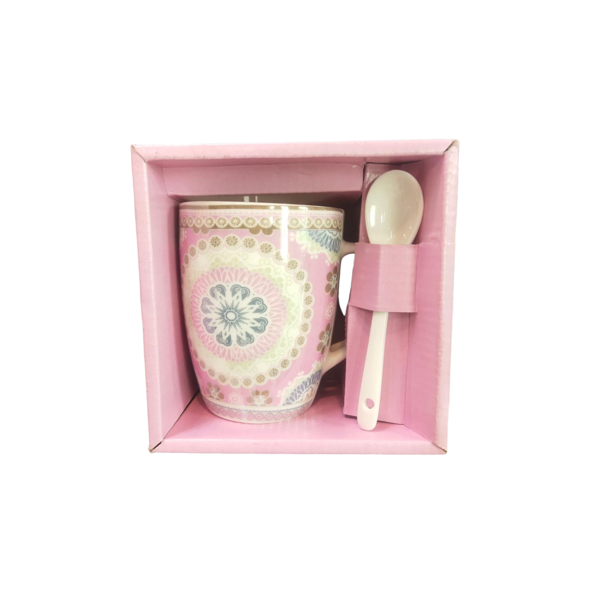 Coffee Ceramic Mug Pink Print with Spoon 110920