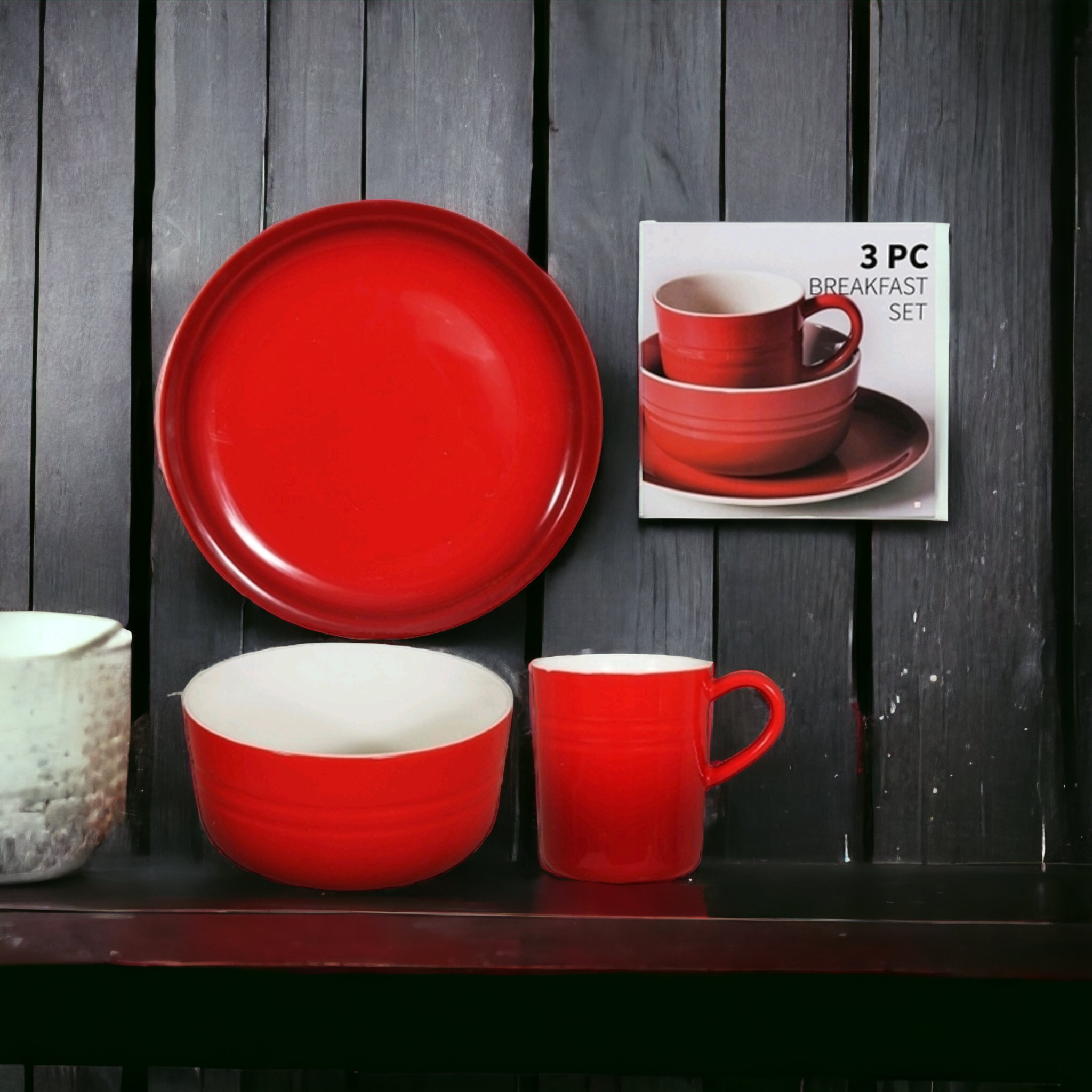 Ceramic Breakfast Set Red 3pcs Dinner Plate Bowl Mug 30504