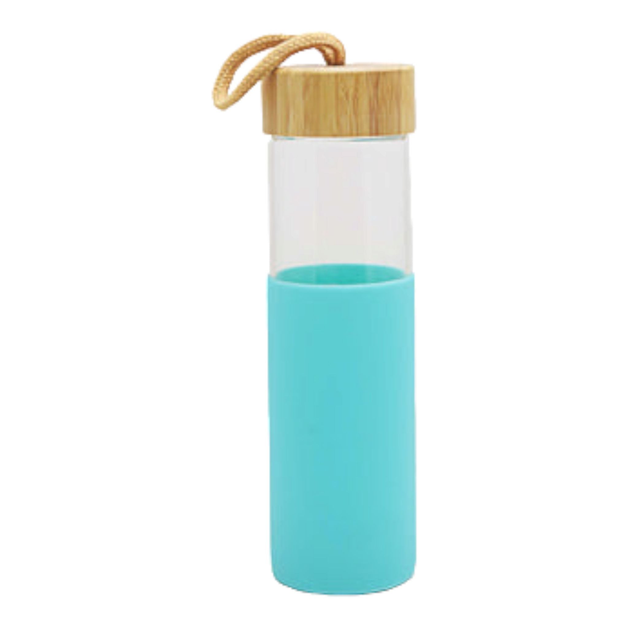 Glass Drinking Bottle 600ml Silicone Grip with Bamboo Lid and String 27134