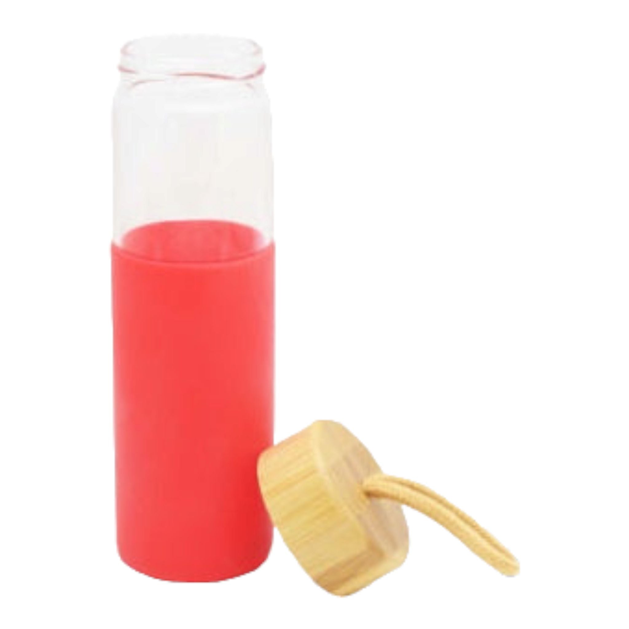 Glass Drinking Bottle 600ml Silicone Grip with Bamboo Lid and String 27134