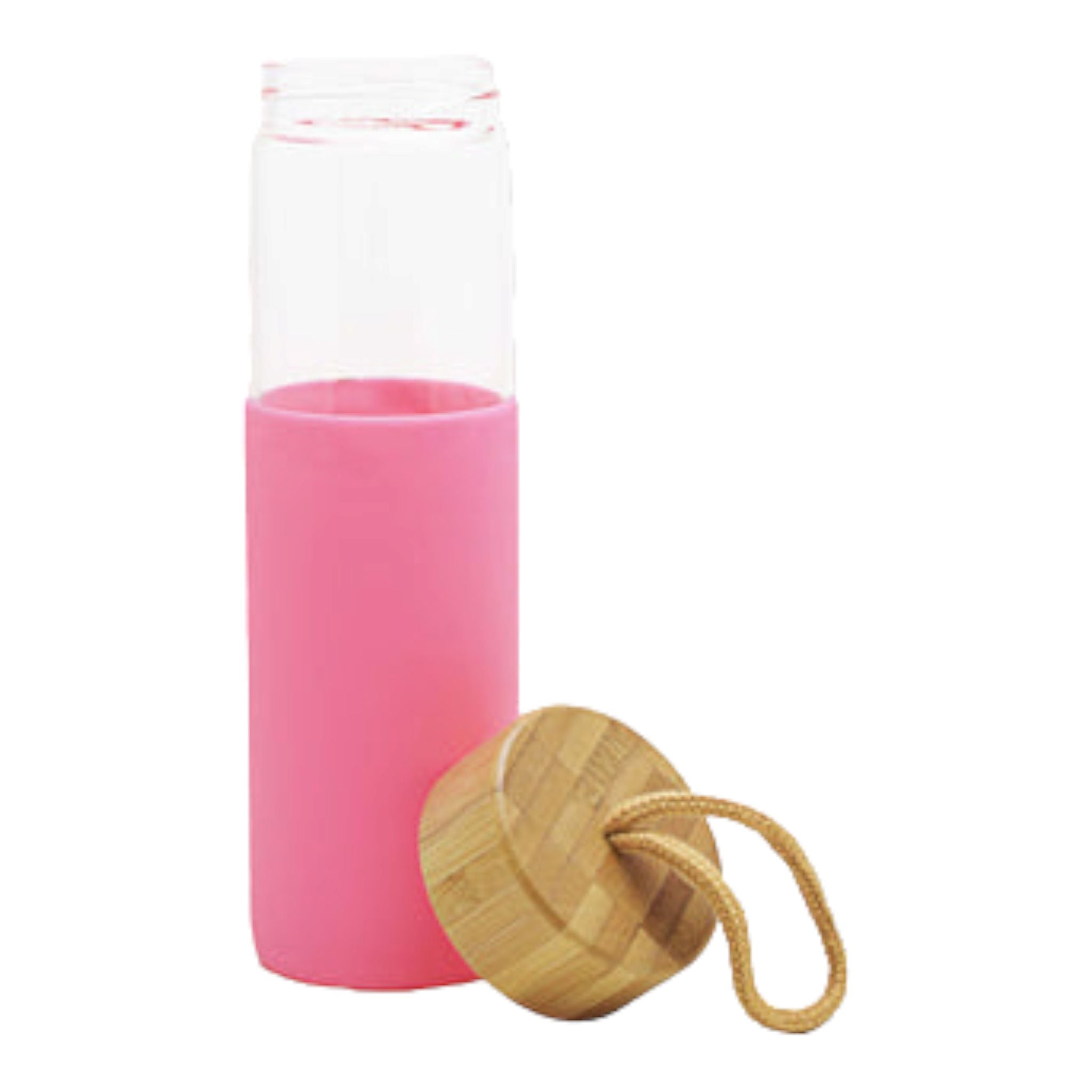 Glass Drinking Bottle 600ml Silicone Grip with Bamboo Lid and String 27134