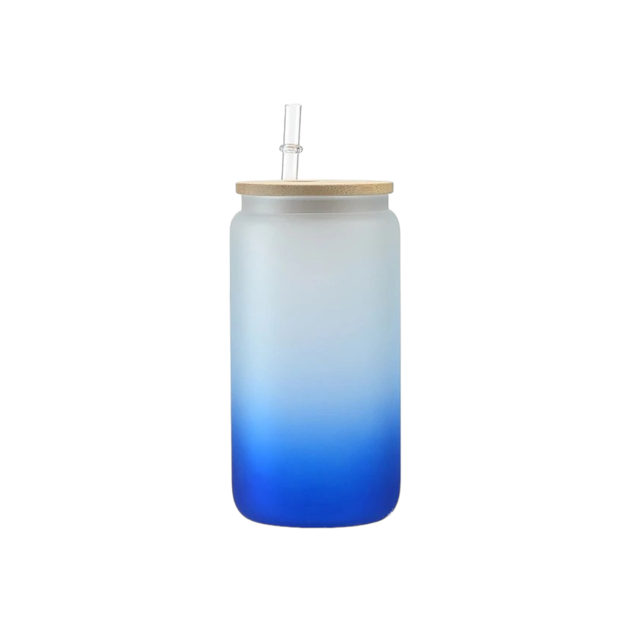 Glass Drinking Can Bottle 480ml Frosted Color Gradient with Bamboo Lid and Borosilicate Straw 7.5x15cm
