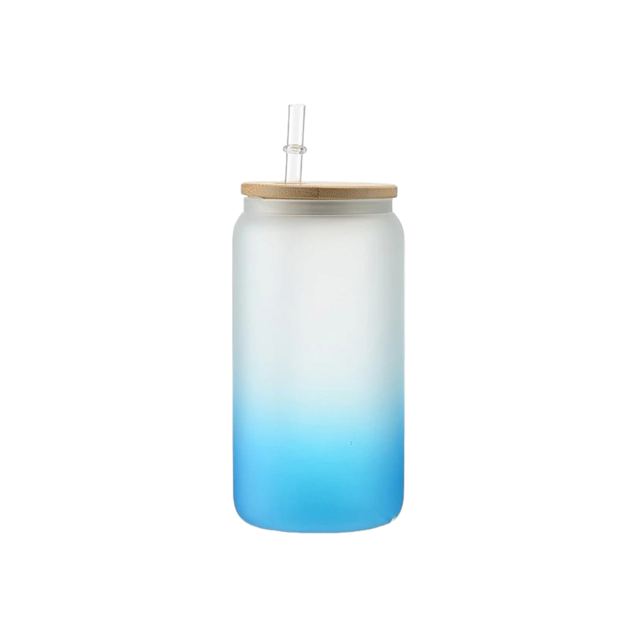 Glass Drinking Can Bottle 480ml Frosted Color Gradient with Bamboo Lid and Borosilicate Straw 7.5x15cm