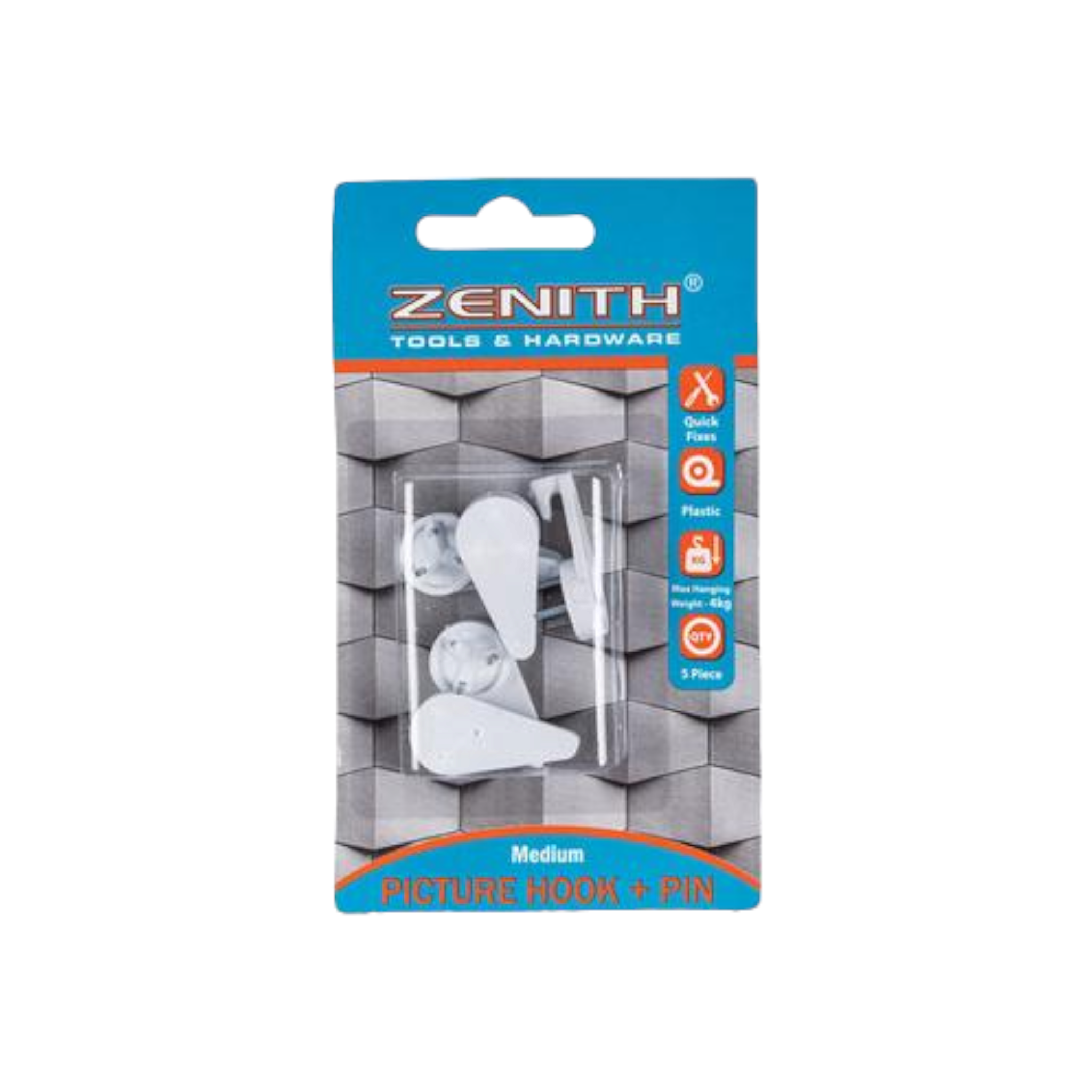Zenith Picture Hook with Pin White Medium 4kg 5pack