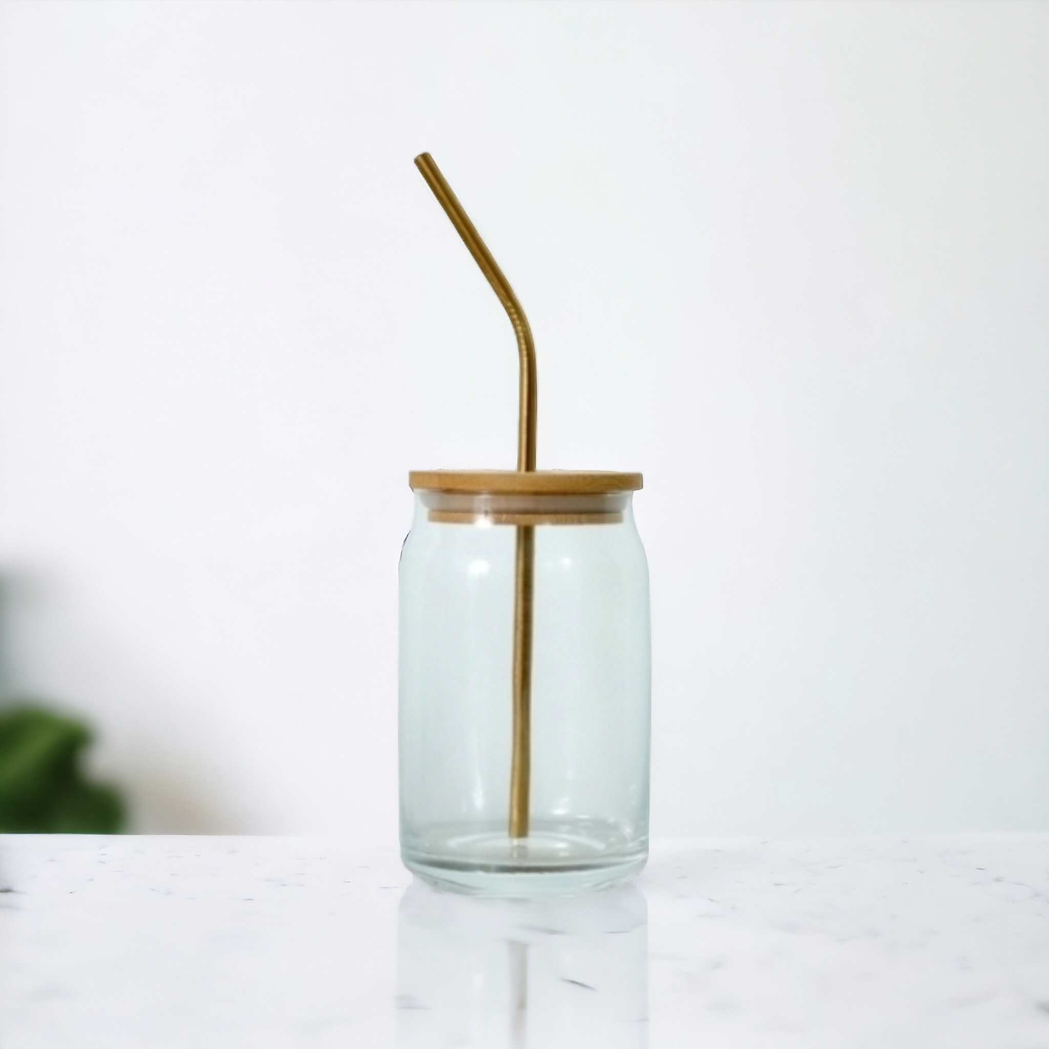Glass Drinking Can Tumbler 435ml with Bamboo Lid with Stainless Steel Gold Straw