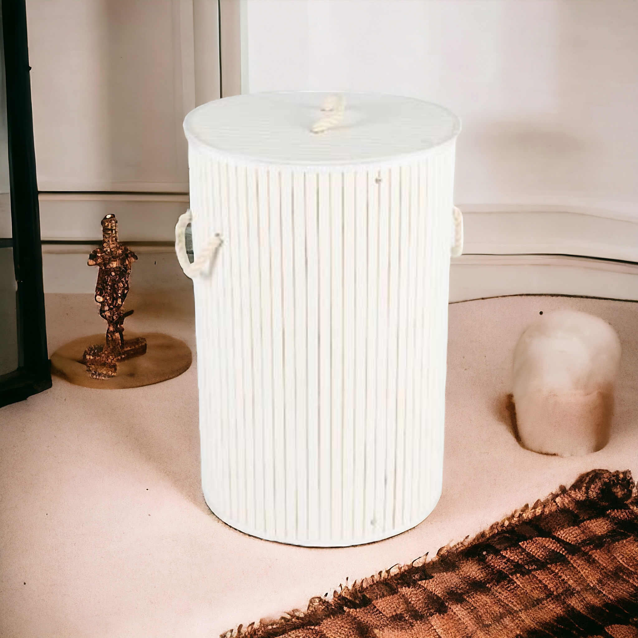 Aqua Bamboo Foldable Laundry Linen Bin Basket Round White 15694