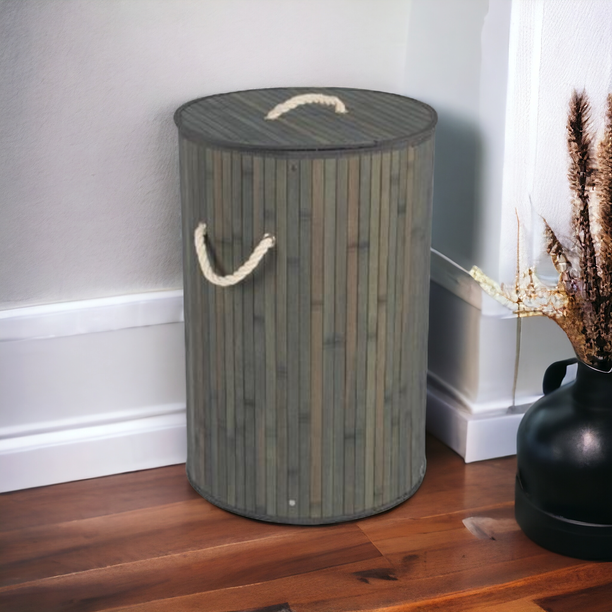 Aqua Bamboo Foldable Laundry Basket Round Grey 15608