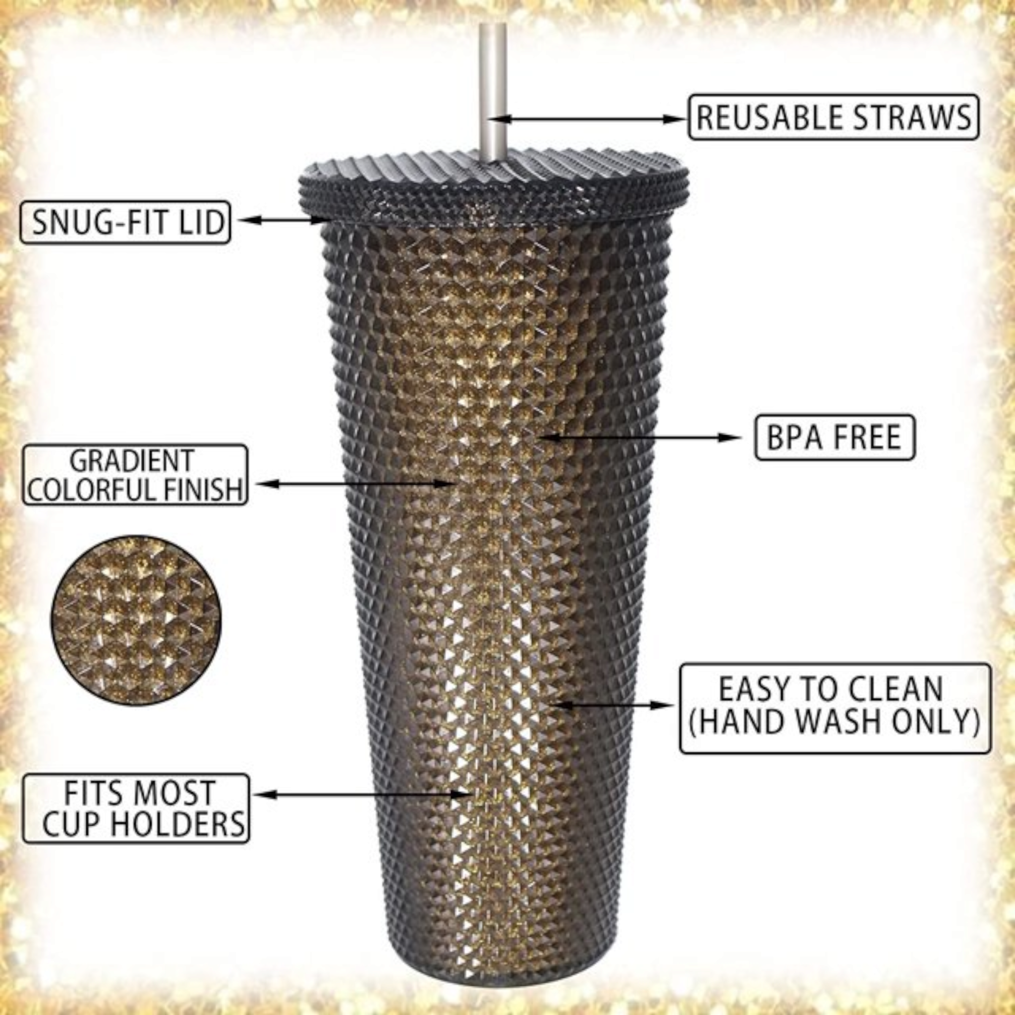 Studded Drinking Tumbler 720ml Smoothie Glitter Cup & Straw