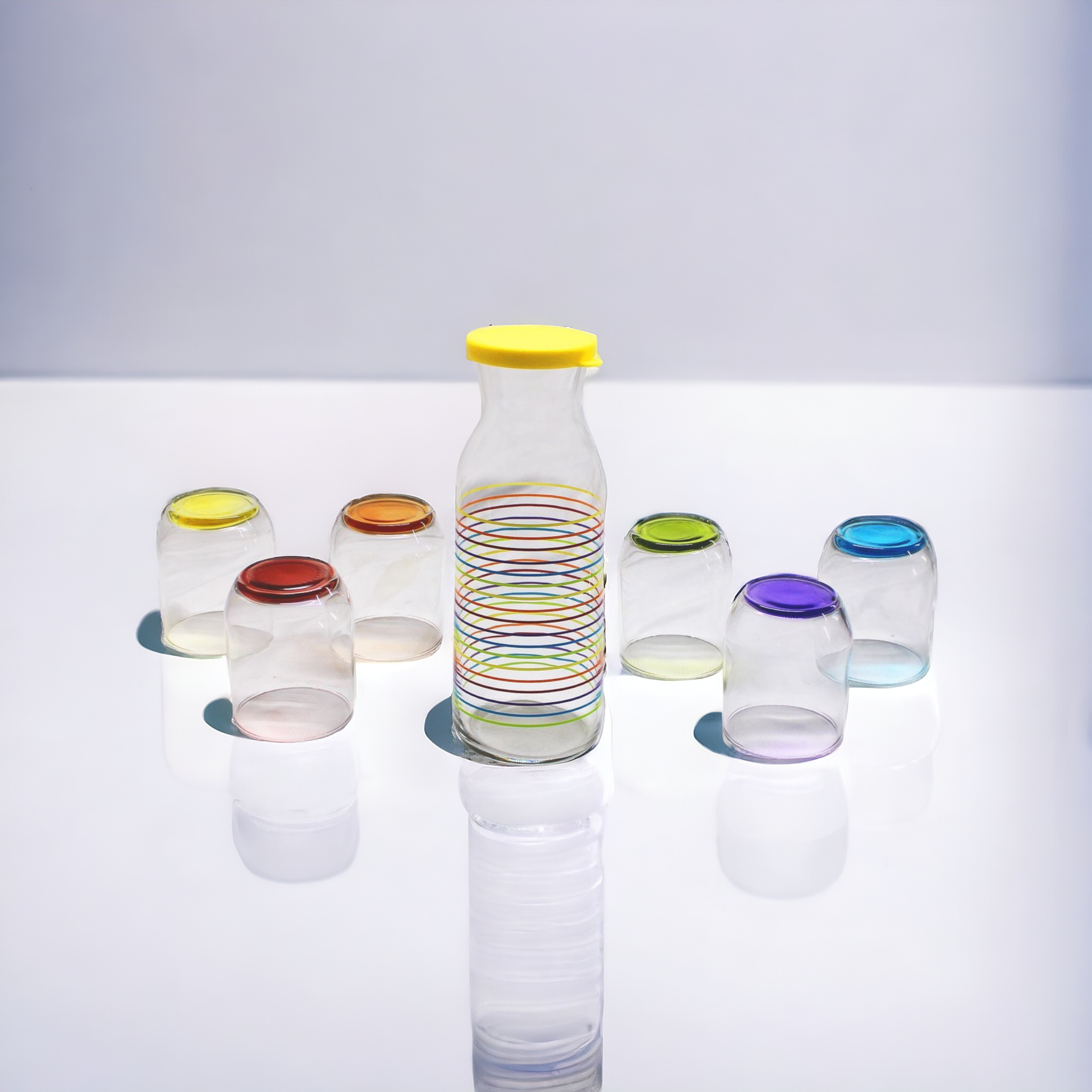 Glass Jug Carafe 1.2L Rainbow Colour with 6 Color Tumbler Glasses 7pc Set