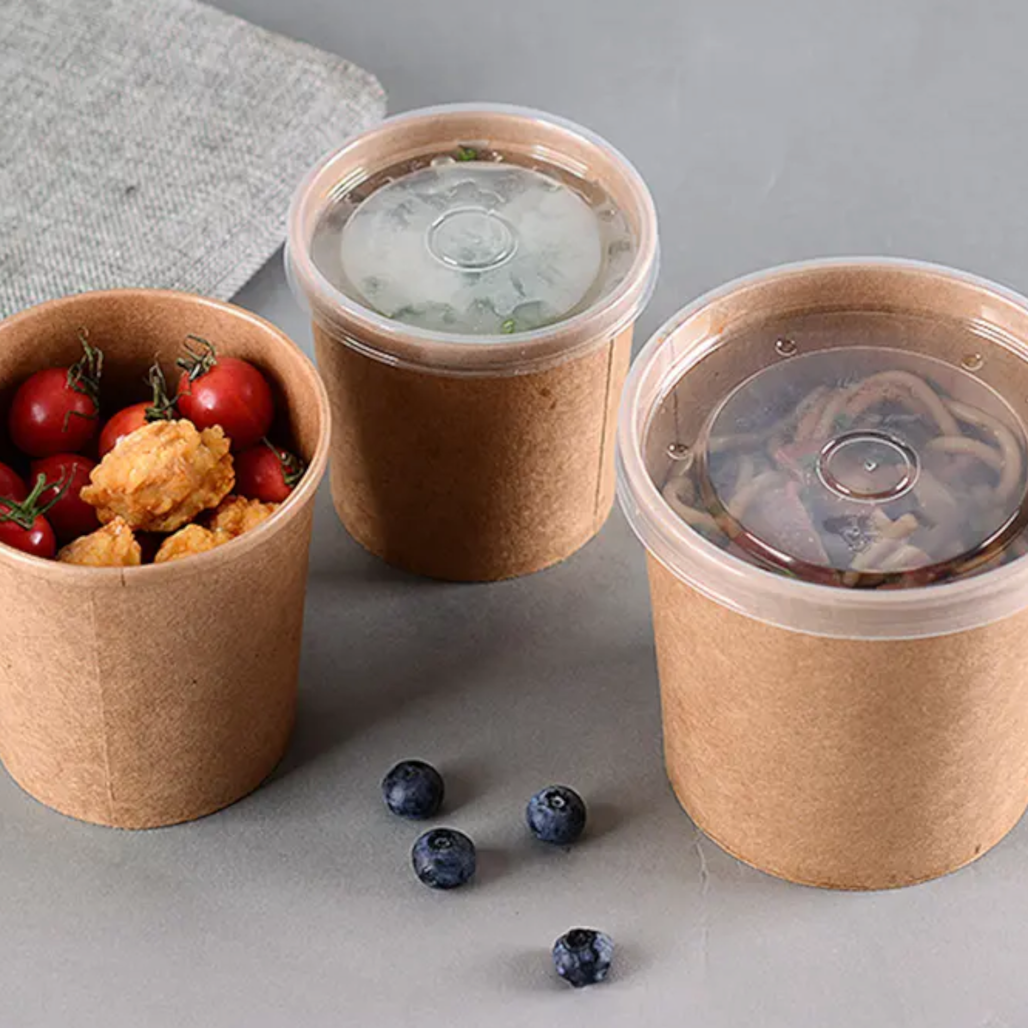 Kraft Paper Food Lunch Soup Bowl Container with Pet Lid 960ml