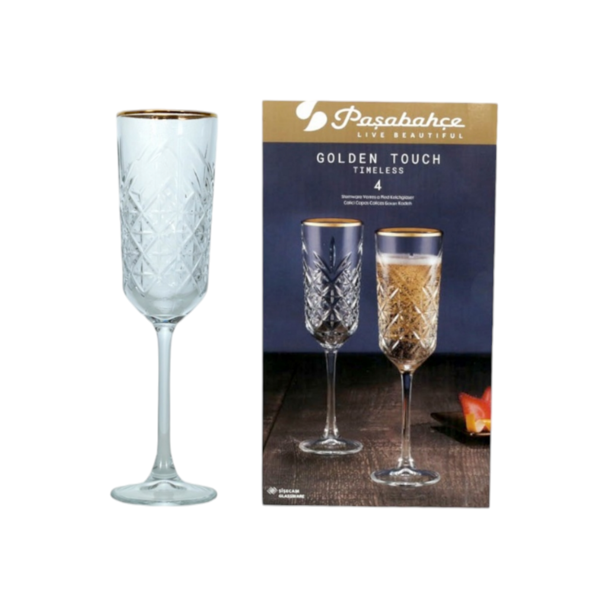 Pasabahce Timeless Glass Tumbler Stemmed 175ml Champagne with Gold Rim 4pcs