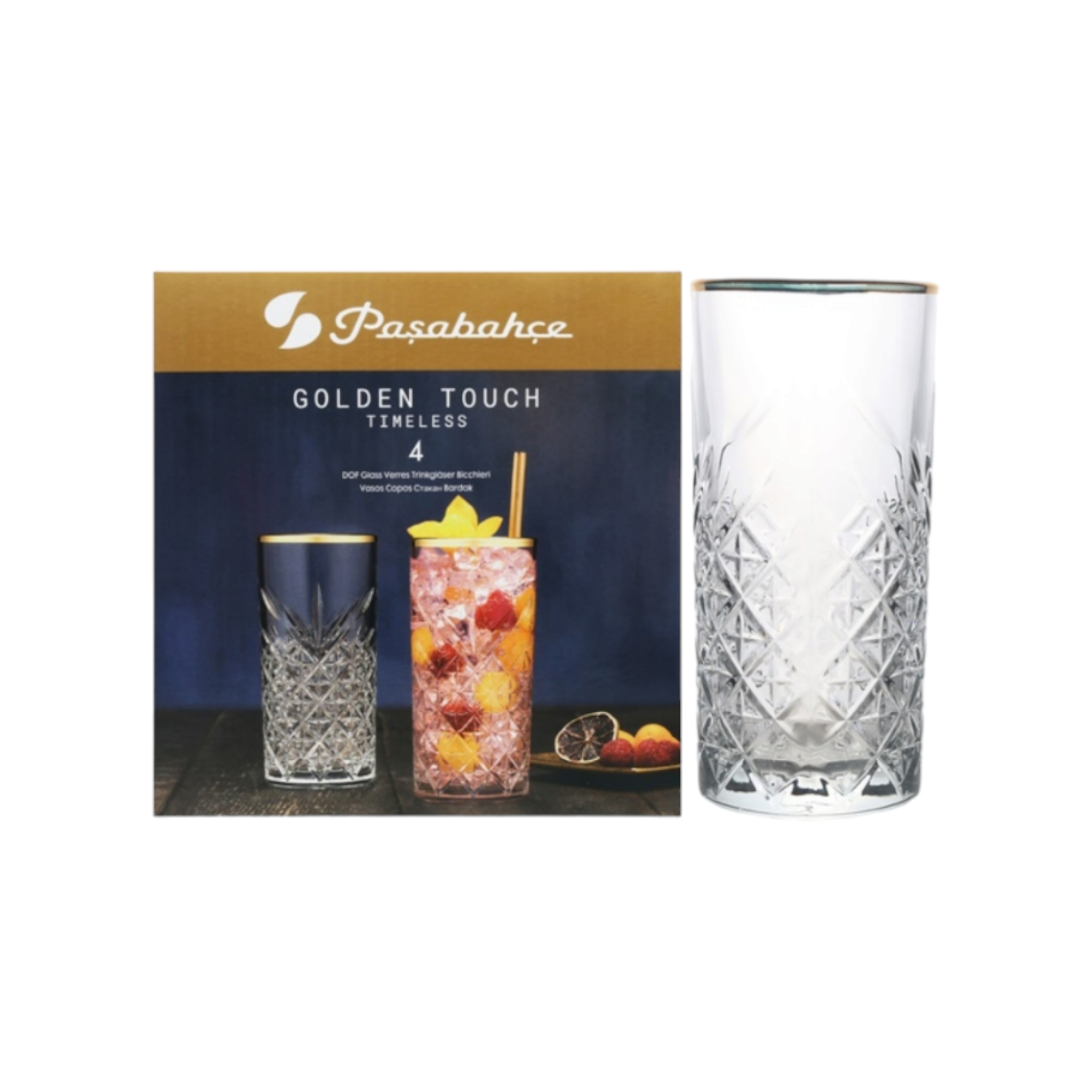 Pasabache Timeless Hiball Glass Tumbler 295ml with Gold Rim 4pack