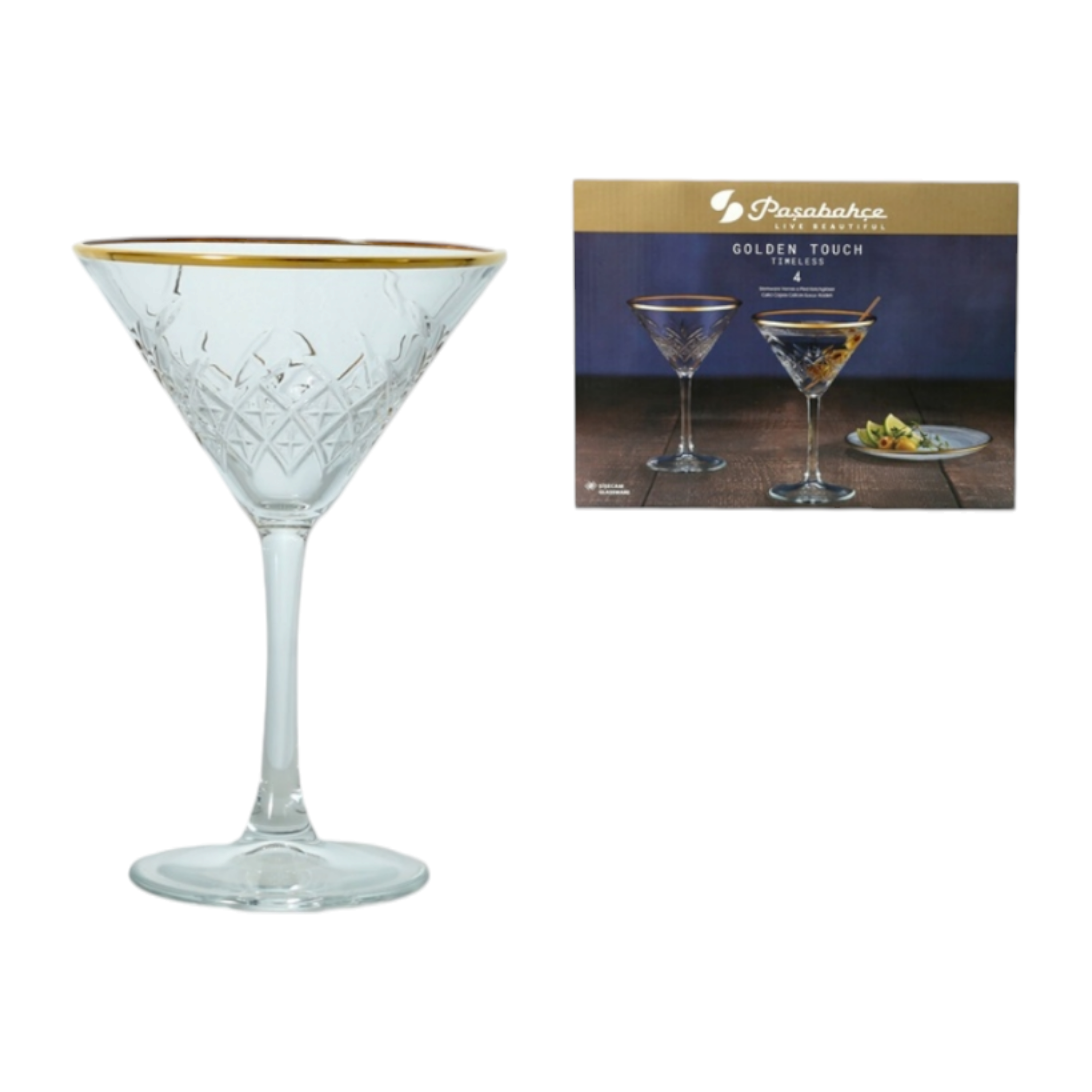 Pasabahce Timeless Stemmed Glass Tumbler with Gold Rim 230ml Martini 4pcs