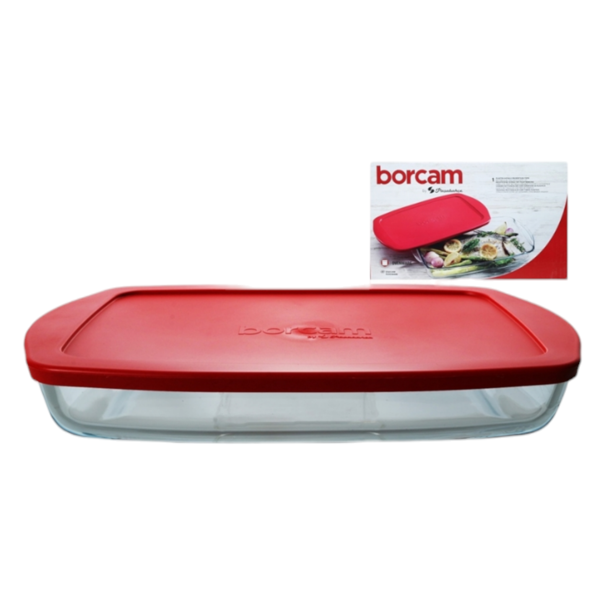 Borcam Glass Serving Dish Large Oven Dish Tray Rectangle with Red Lid 36x19x5cm 59006