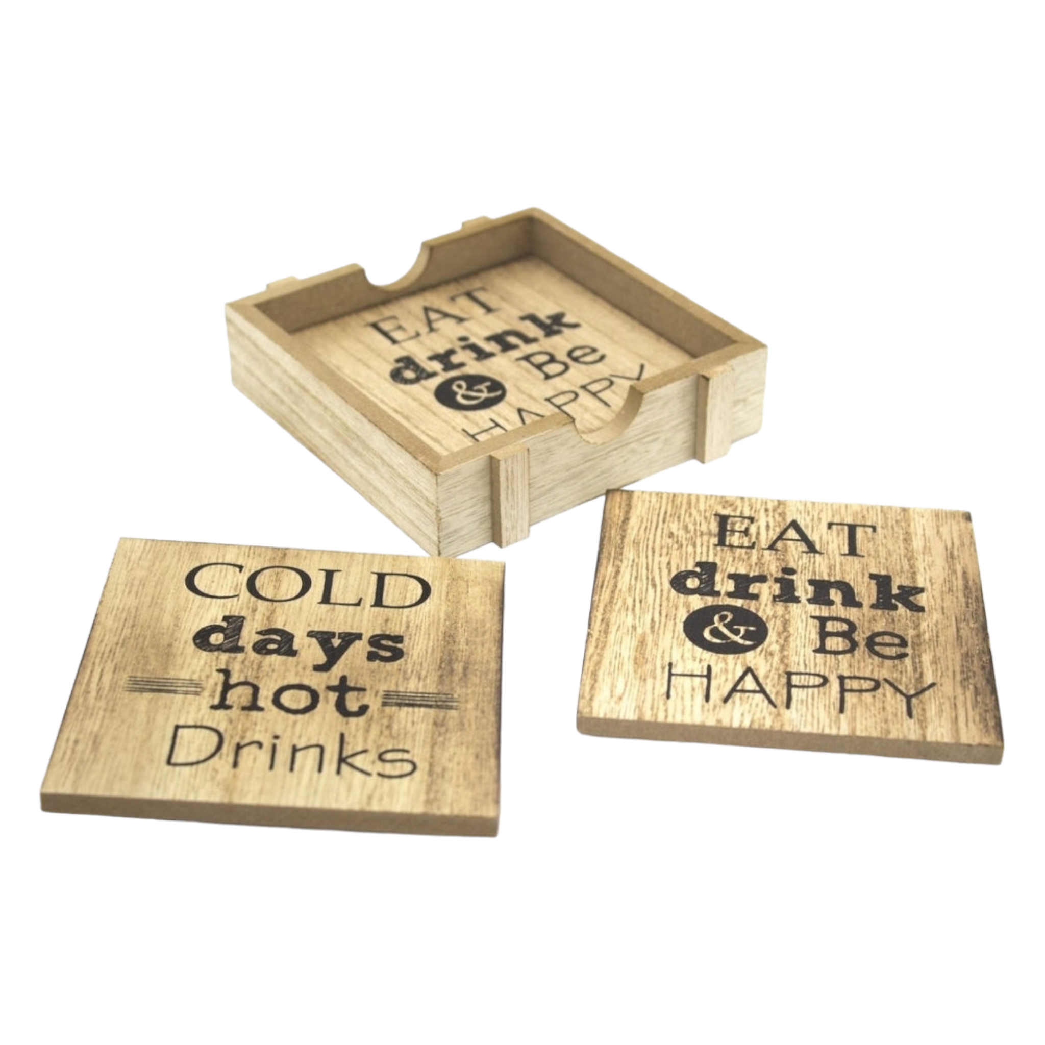 Coasters Wood in Holder 4pc Set with Quotes