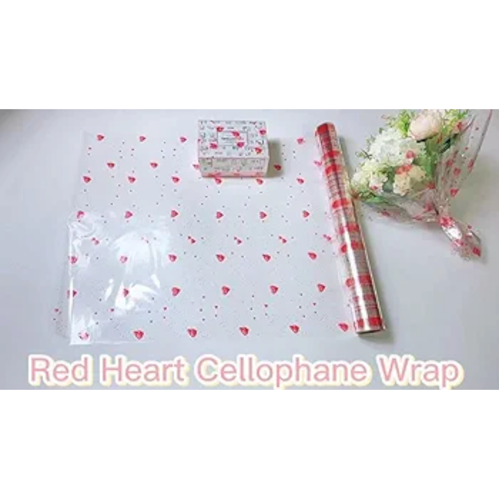 Cellophane Gift Wrap Roll Clear 50cmx2m with Red Hearts Print