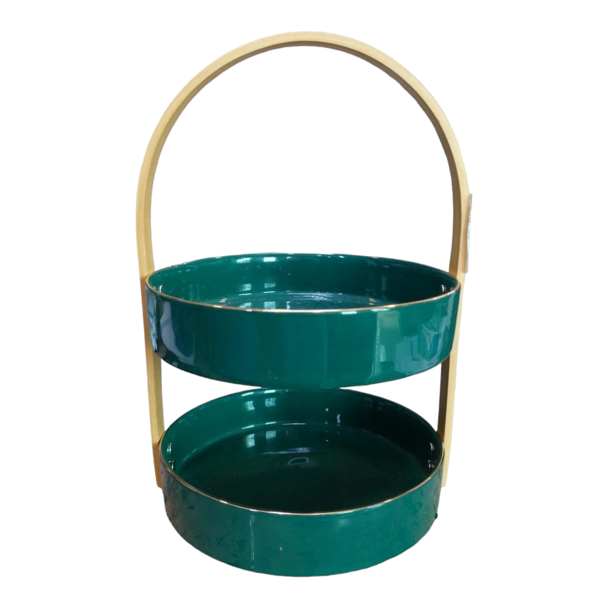 2-Tier Cake Fruit Stand Marble Green Oval Bowl Set with Natural Bamboo Frame
