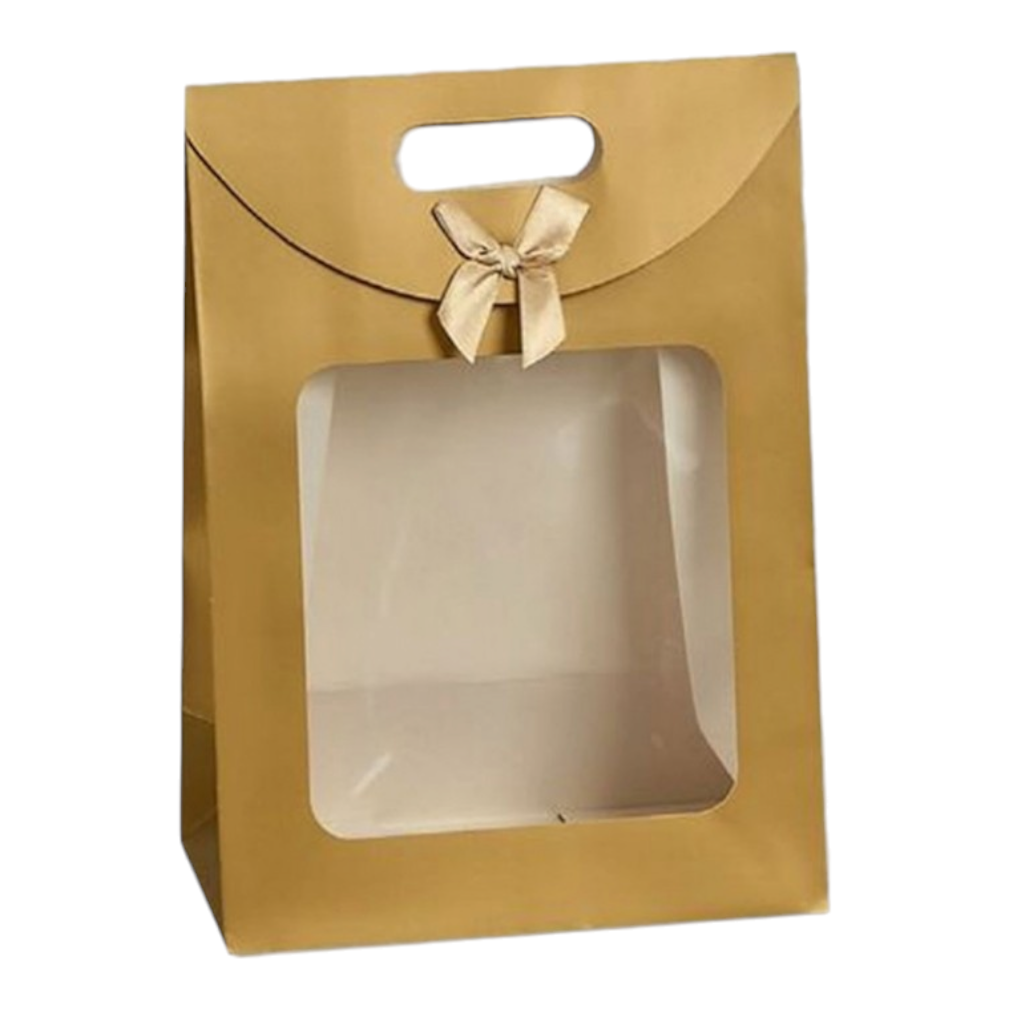 Gift Bag Die Cut Handle 24x19x9cm with Bow Ribbon and Clear PVC Front Window 1pc