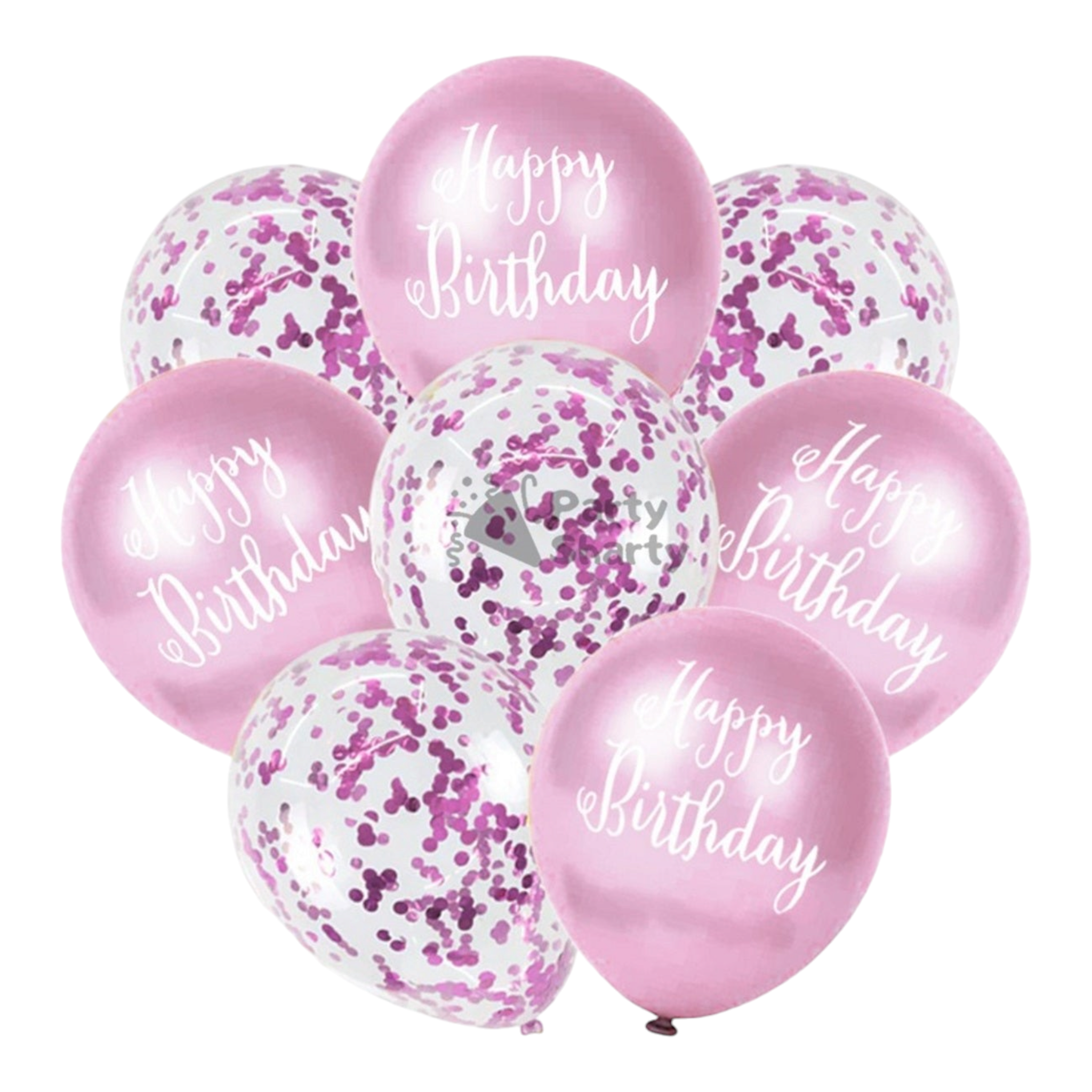 Happy Birthday Latex Balloons 8pack with White Print and Confetti