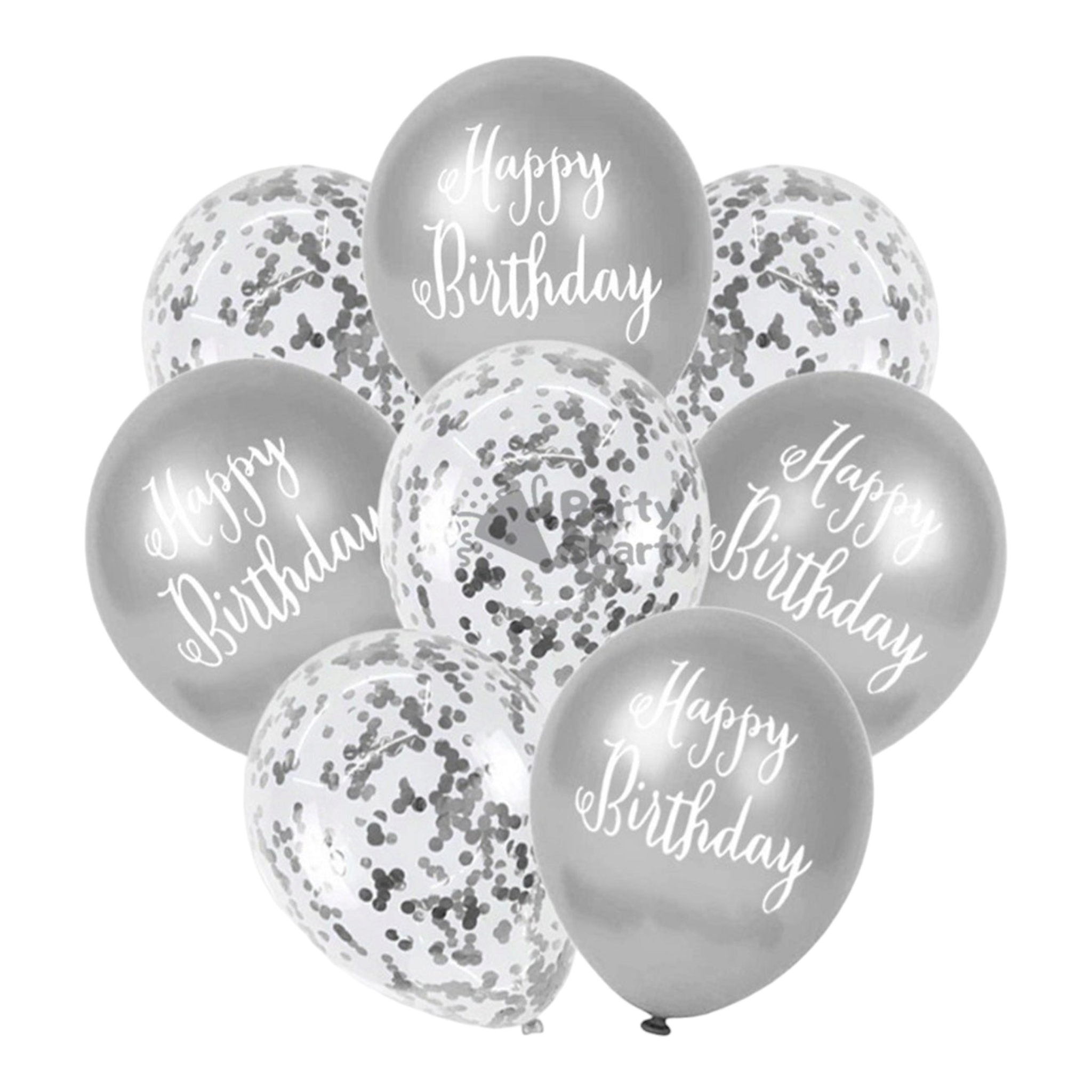 Happy Birthday Latex Balloons 8pack with White Print and Confetti