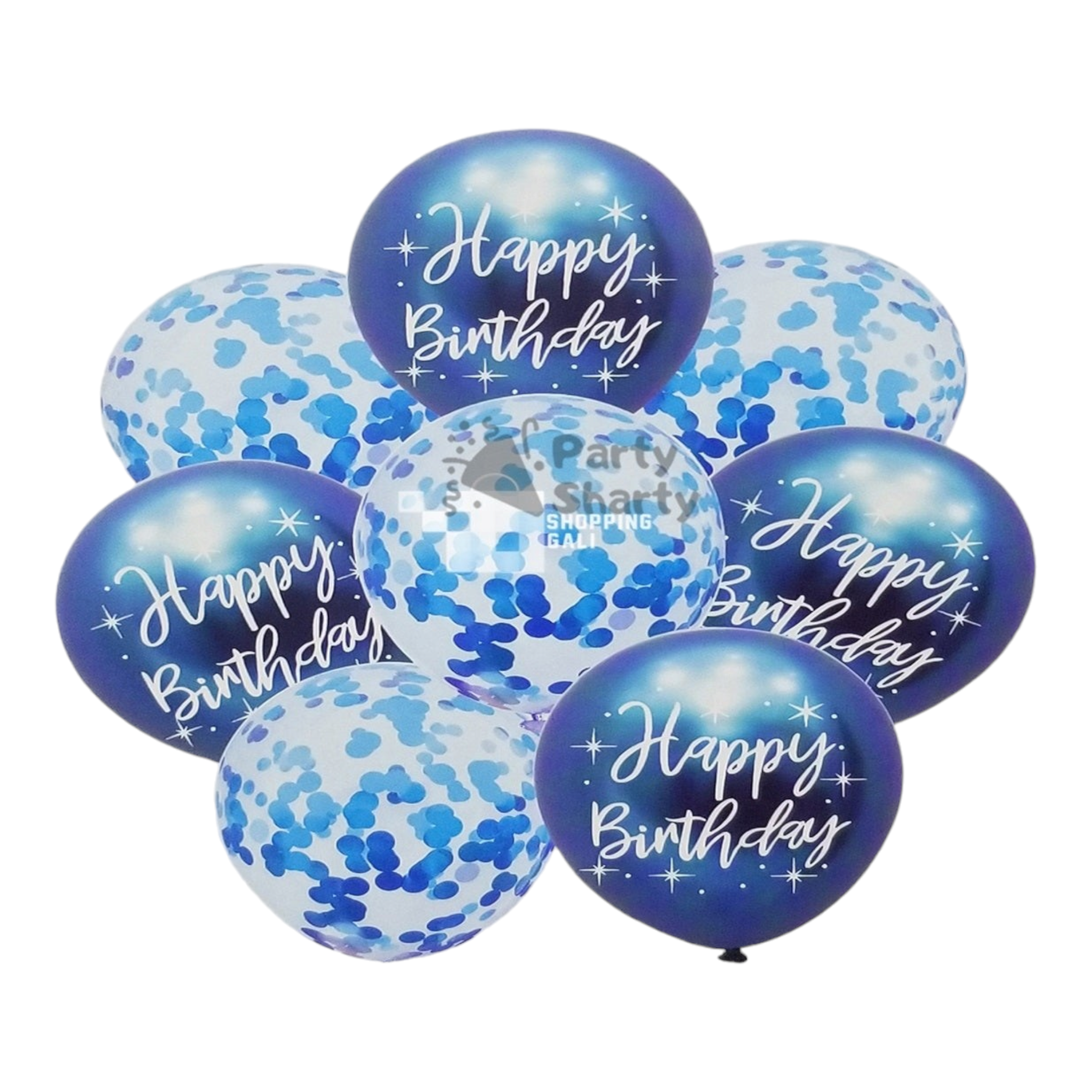 Happy Birthday Latex Balloons 8pack with White Print and Confetti