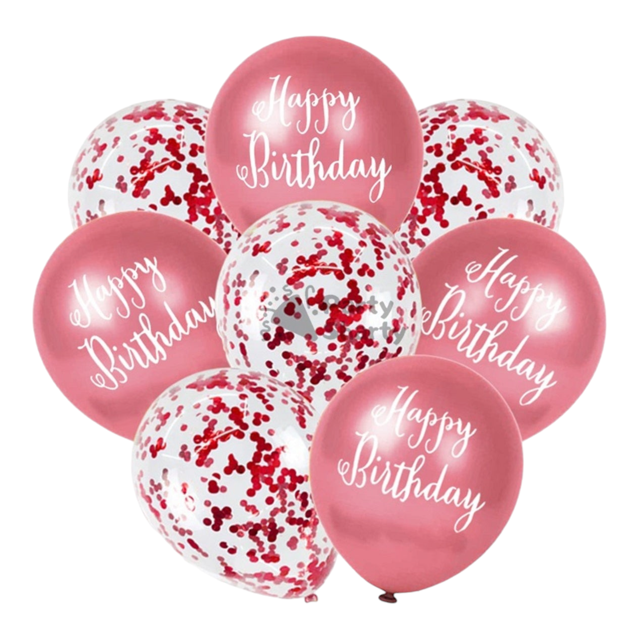 Happy Birthday Latex Balloons 8pack with White Print and Confetti