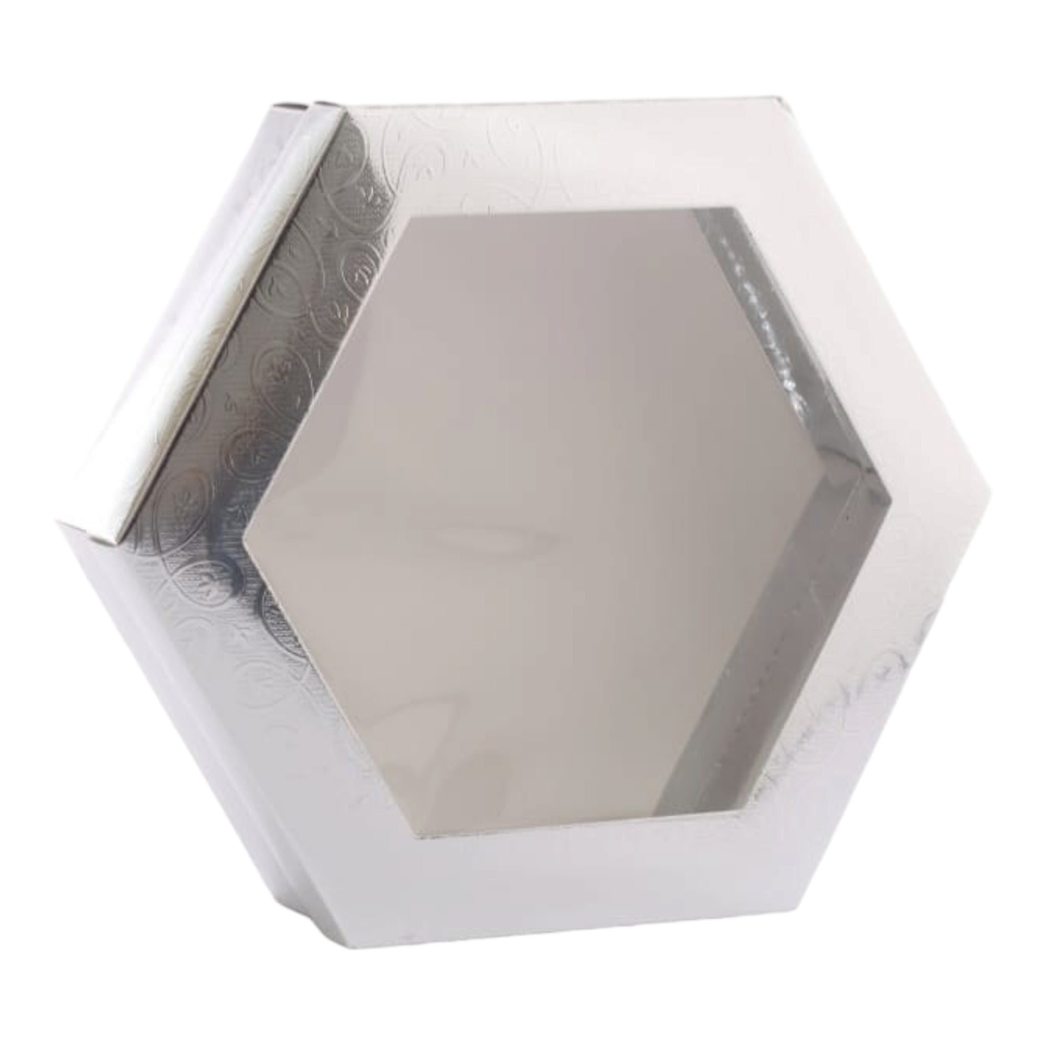 Gift Biscuit Paper Box Hexagon Silver 19x19x5cm Clear Window XPP239-S