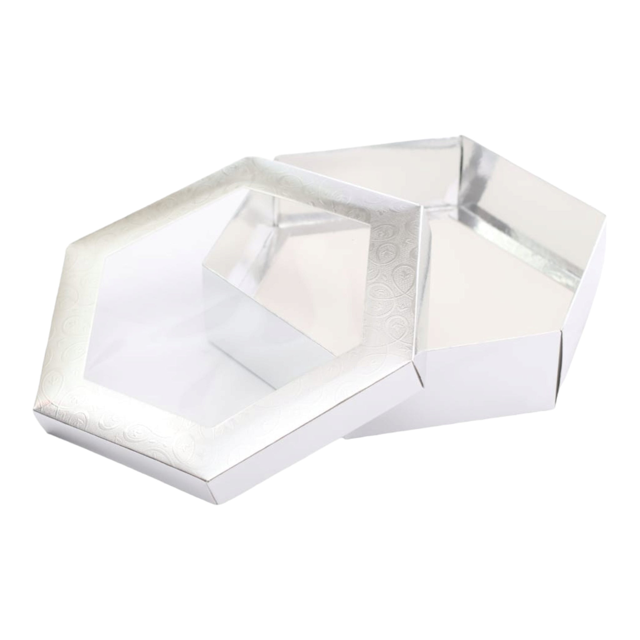 Gift Biscuit Paper Box Hexagon Silver 19x19x5cm Clear Window XPP239-S