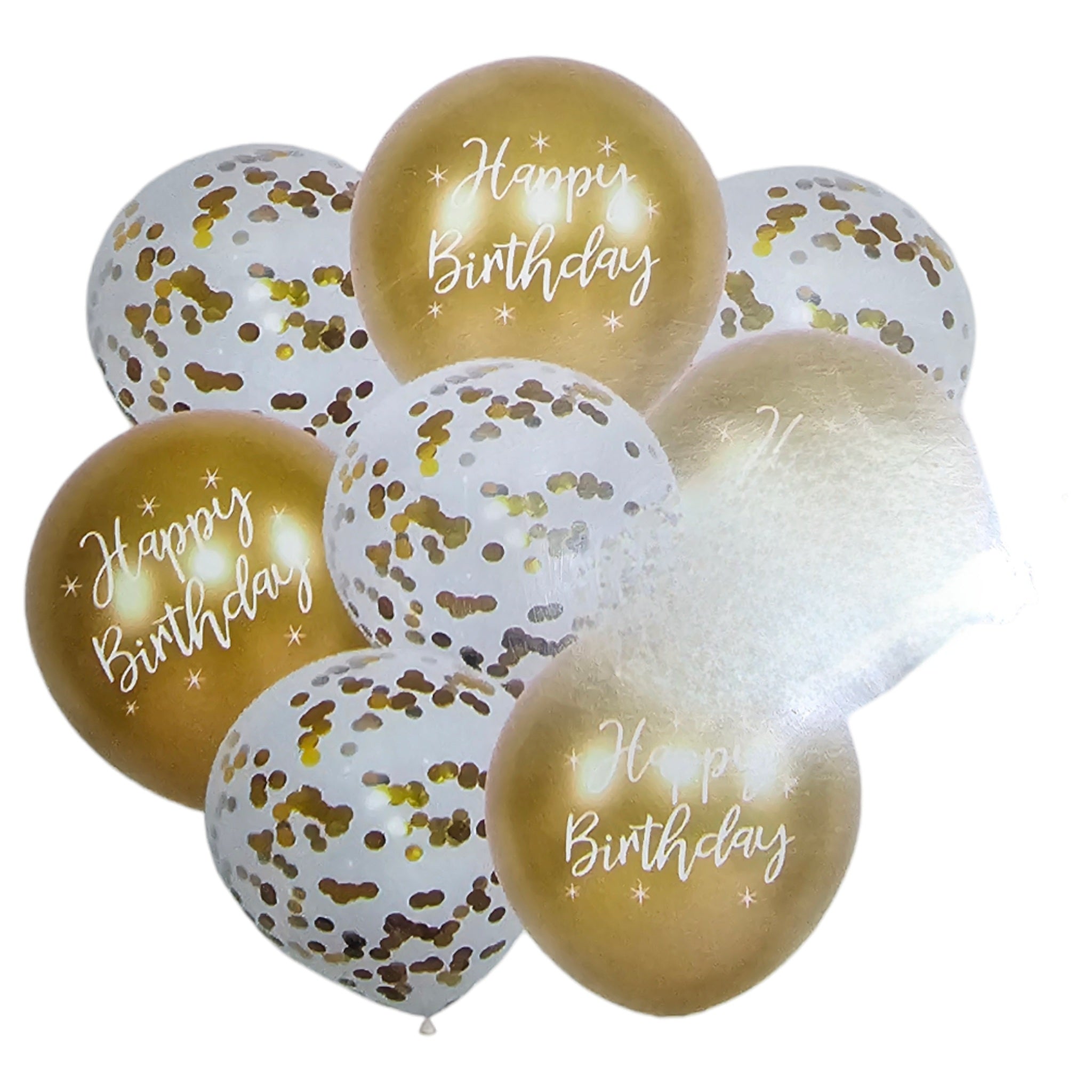 Happy Birthday Latex Balloons 8pack with White Print and Confetti