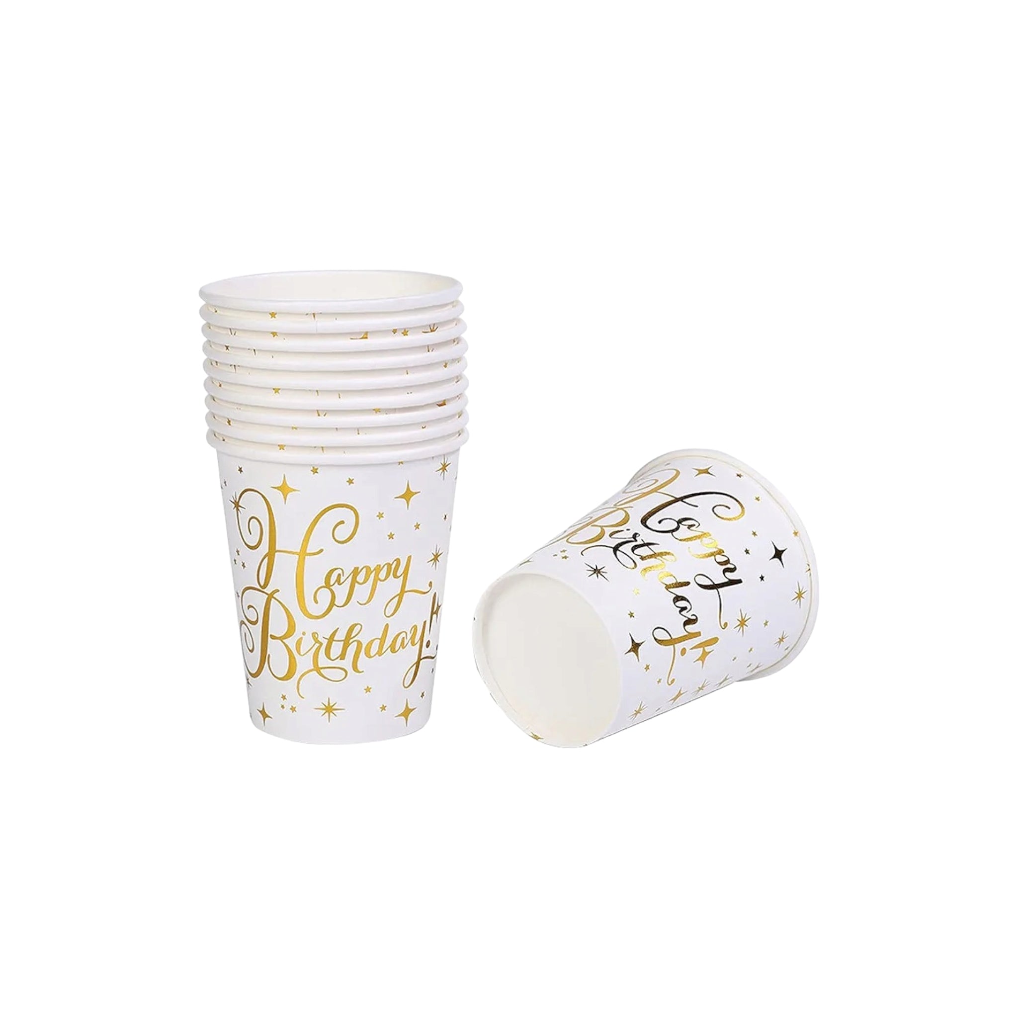 Party Paper Cup Happy Birthday 10pack White with Gold Print