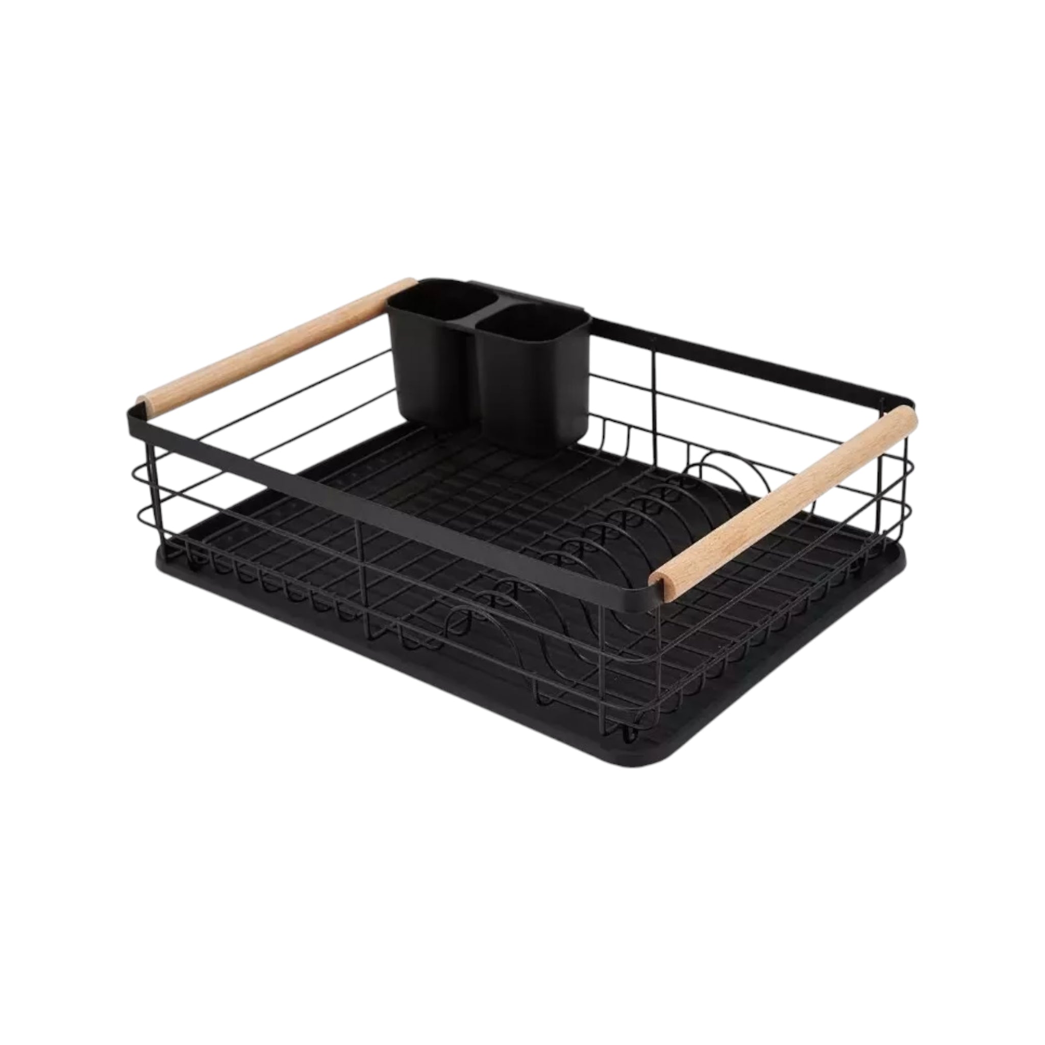 Black Dish Drying Rack With Drip Tray Cutlery Rack And Wooden Handle