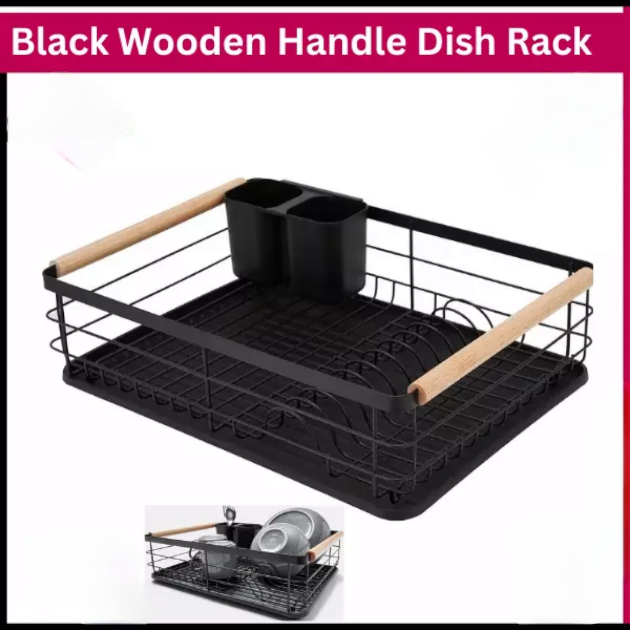Black Dish Drying Rack With Drip Tray Cutlery Rack And Wooden Handle