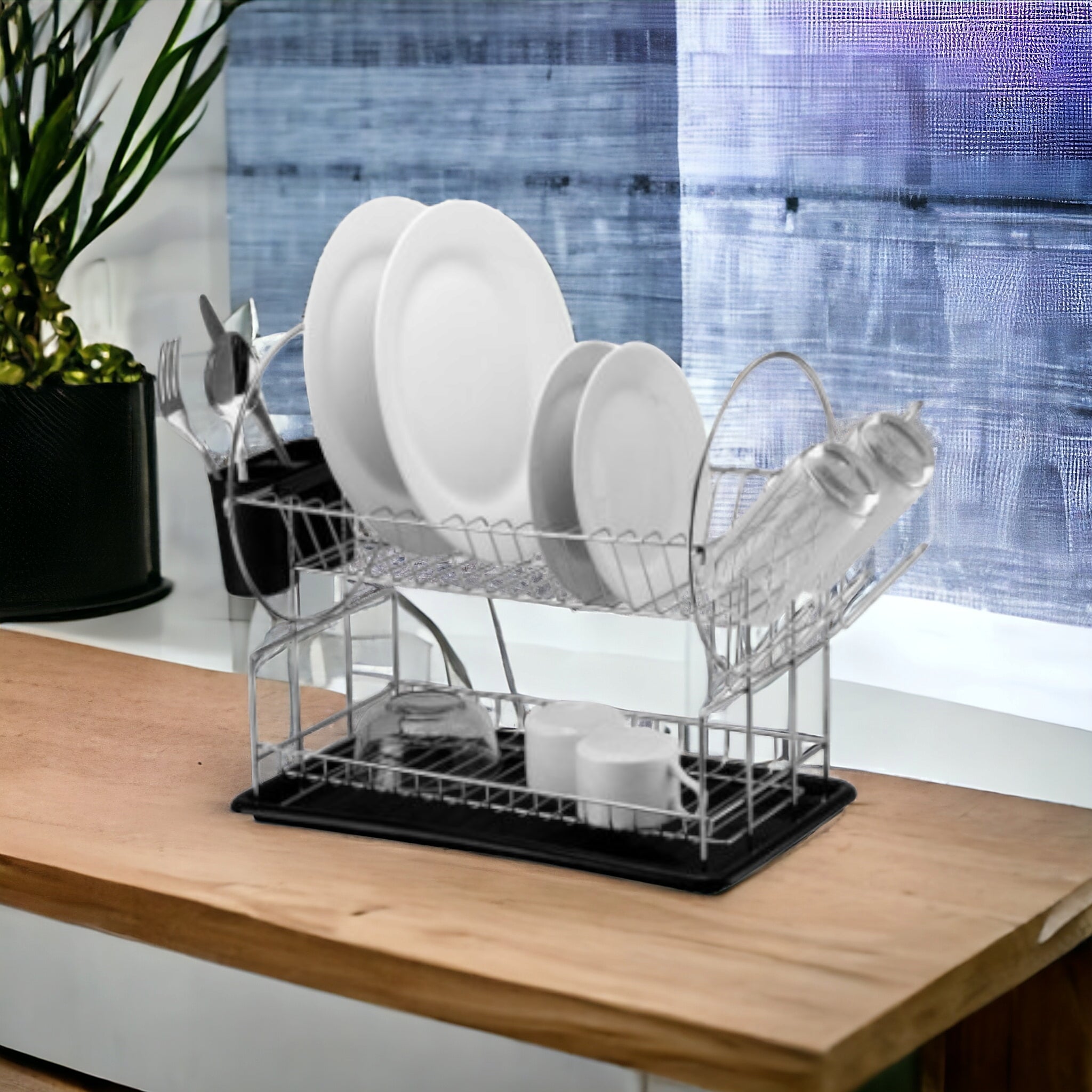 2-Tier Stainless Steel Dish Rack 42cm Chrome Plated with Black Tray