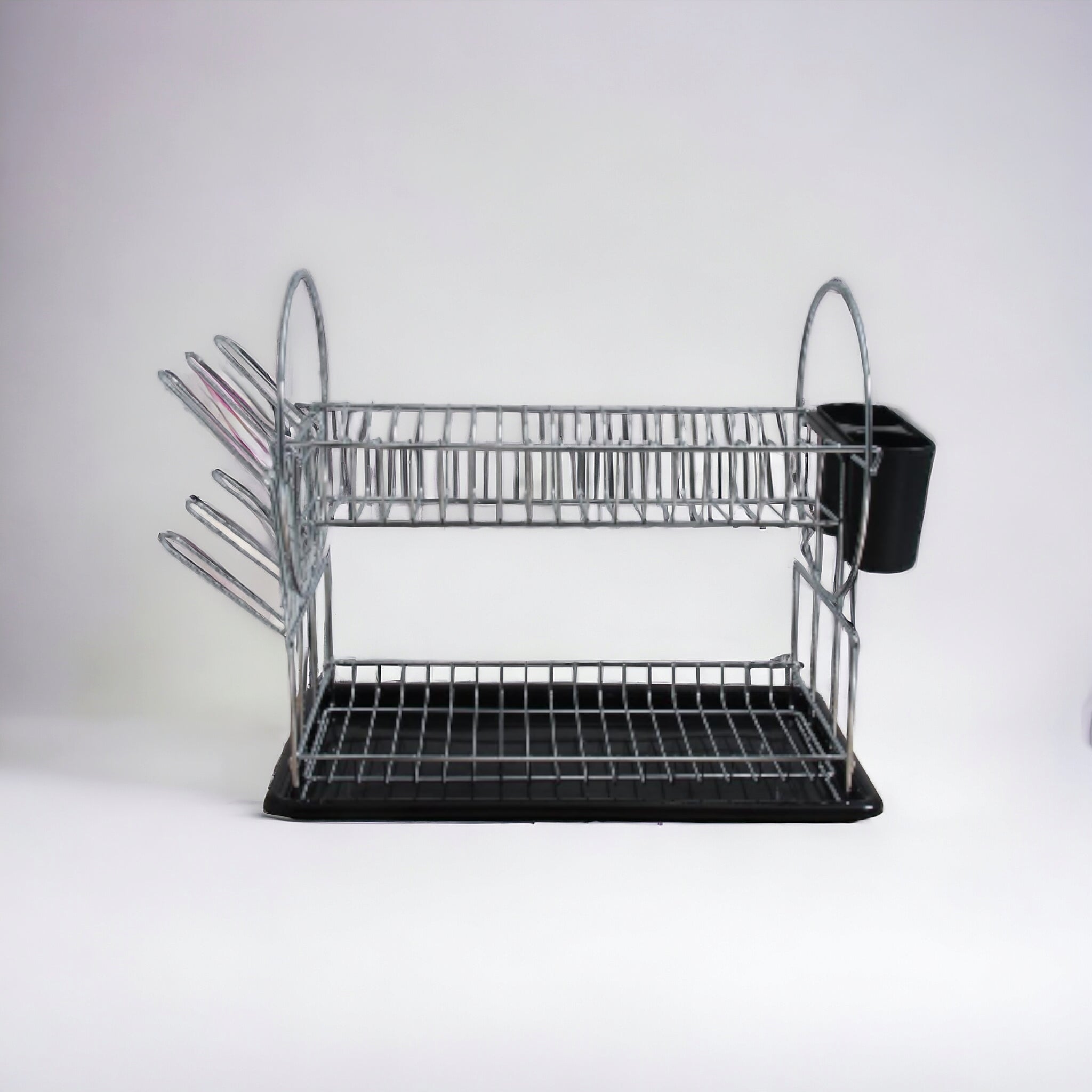 2-Tier Stainless Steel Dish Rack 42cm Chrome Plated with Black Tray
